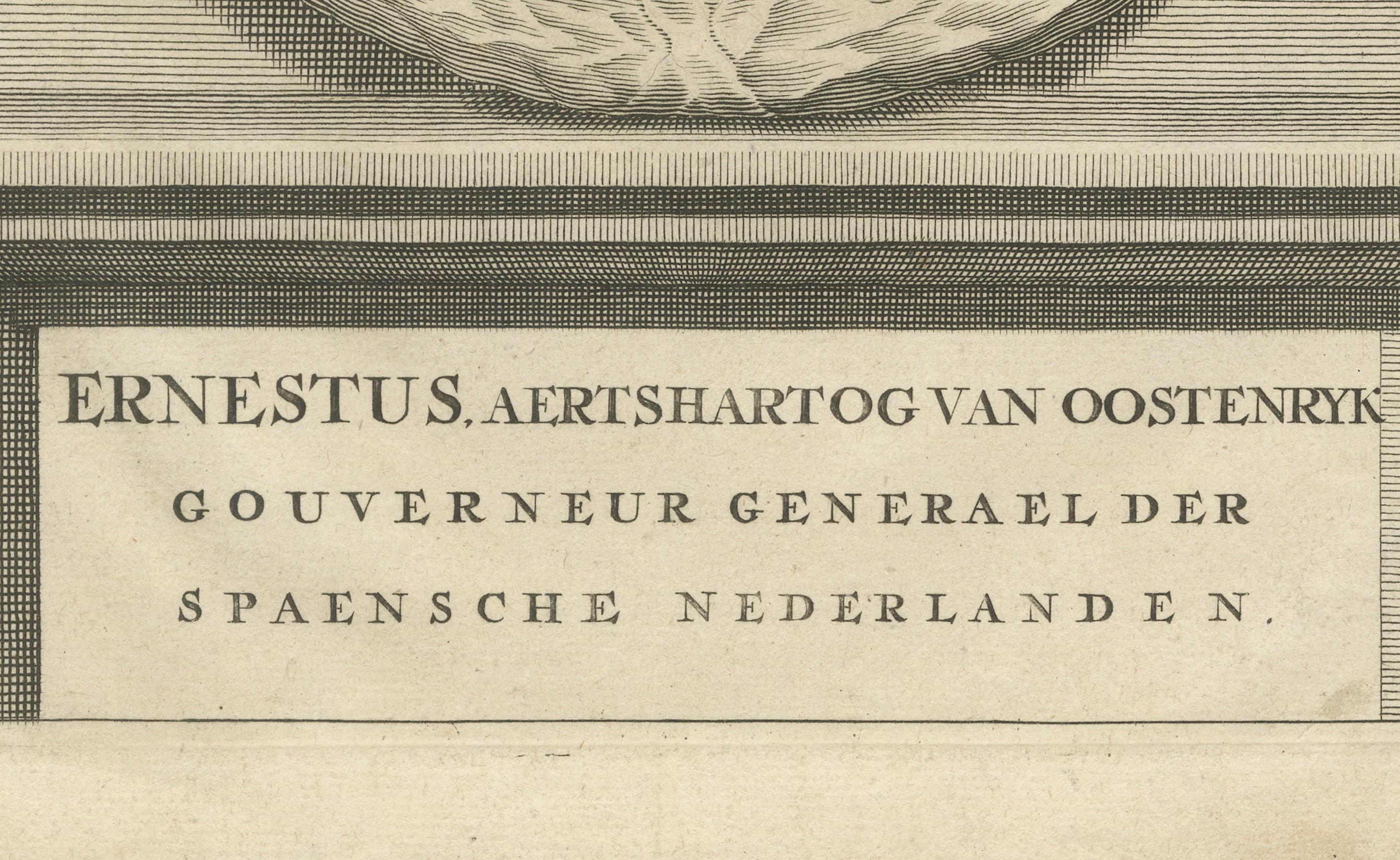 Portrait de l'archiduc Ernest d'Autriche - gouverneur des Pays-Bas espagnols, c.1700

Cette impressionnante gravure du XVIIIe siècle représente Ernestus, archiduc d'Autriche (1553-1595), en armure complète avec une collerette et un collier richement