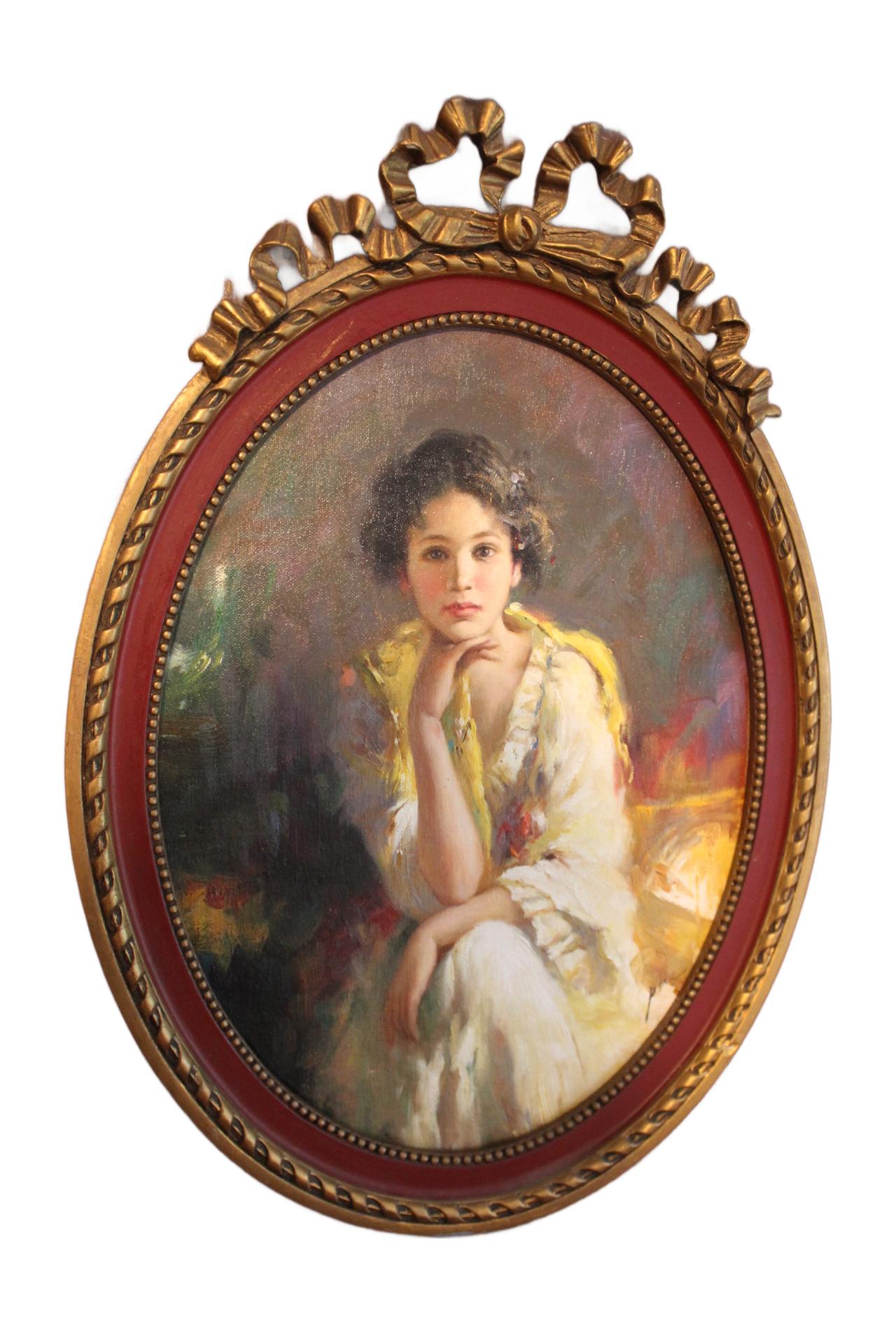 Captivating portrait oil on board by Pino Daeni
This could be the original oval oil study for Girl in a Yellow Shawl.

This captivating portrait study by Italian American artist Pino Daeni features a beautiful Italian girl enveloped in a vibrant