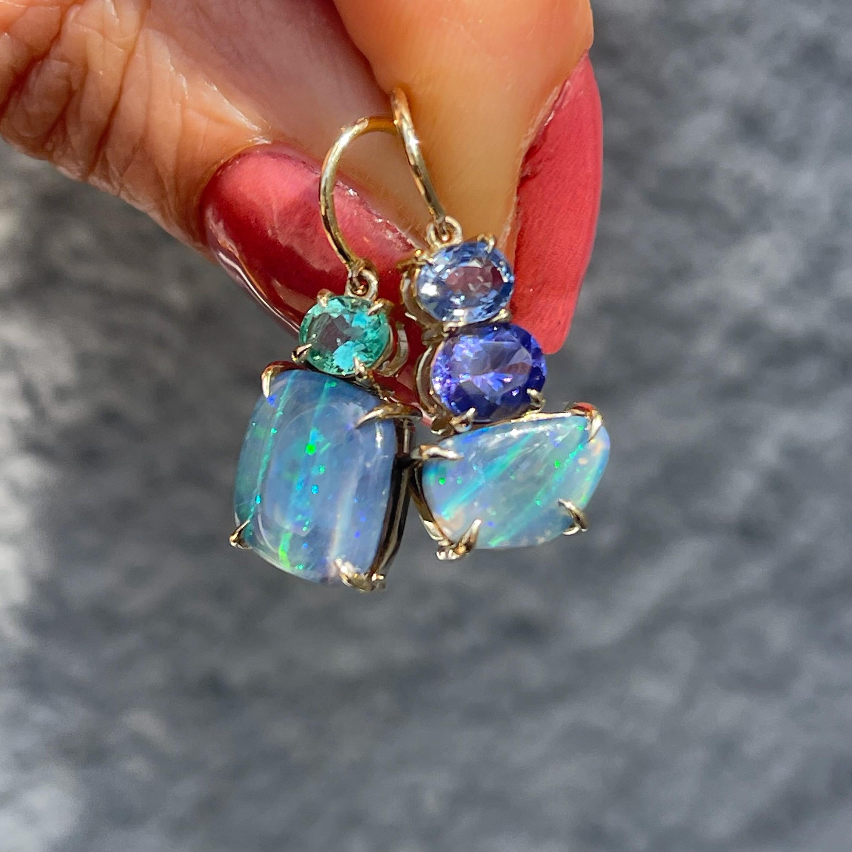 Contemporary Portrait of Belize Australian Opal Earrings with Emerald, Sapphire & Tanzanite
