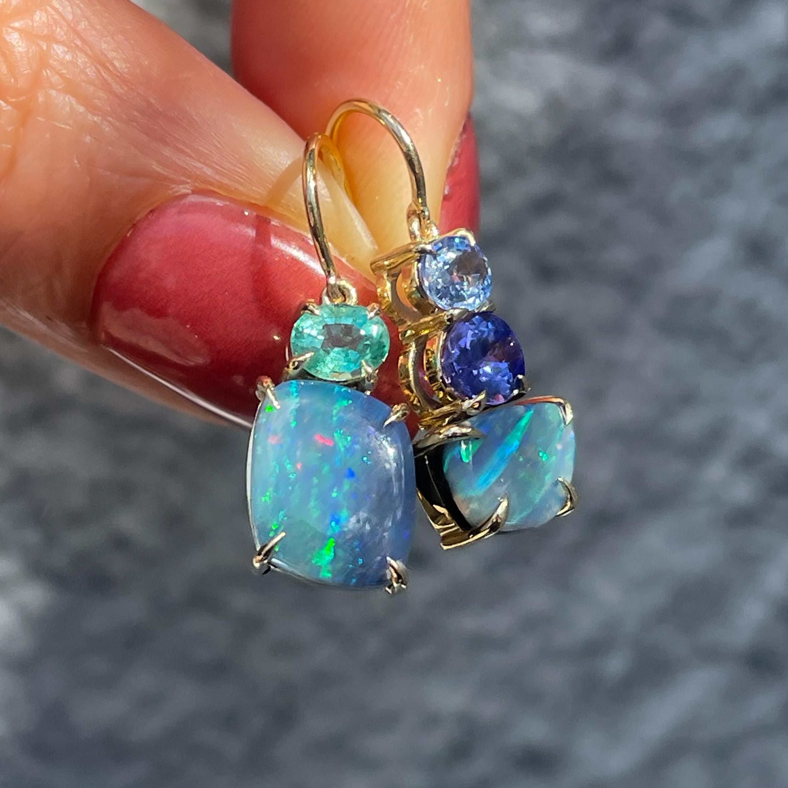 Oval Cut Portrait of Belize Australian Opal Earrings with Emerald, Sapphire & Tanzanite