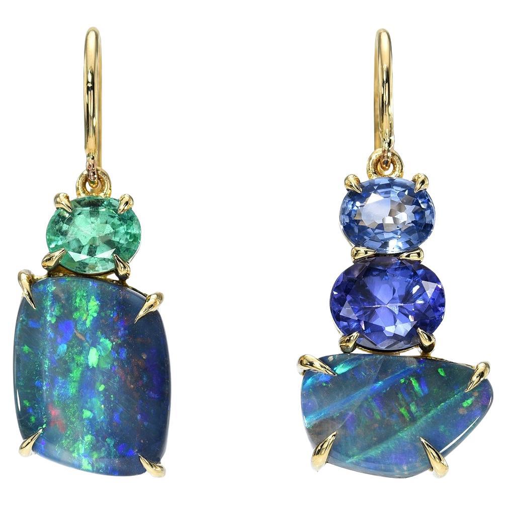 Portrait of Belize Australian Opal Earrings with Emerald, Sapphire & Tanzanite