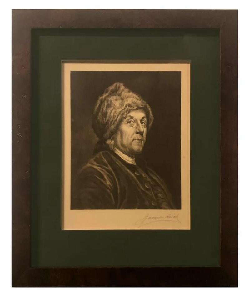 Presented is a head and shoulders portrait of Benjamin Franklin by Jacques Reich. Reich completed the etching in 1897 and signed the print in pencil at the bottom right hand corner. 
Jacques Reich was Hungarian-born portrait etcher, active mainly in