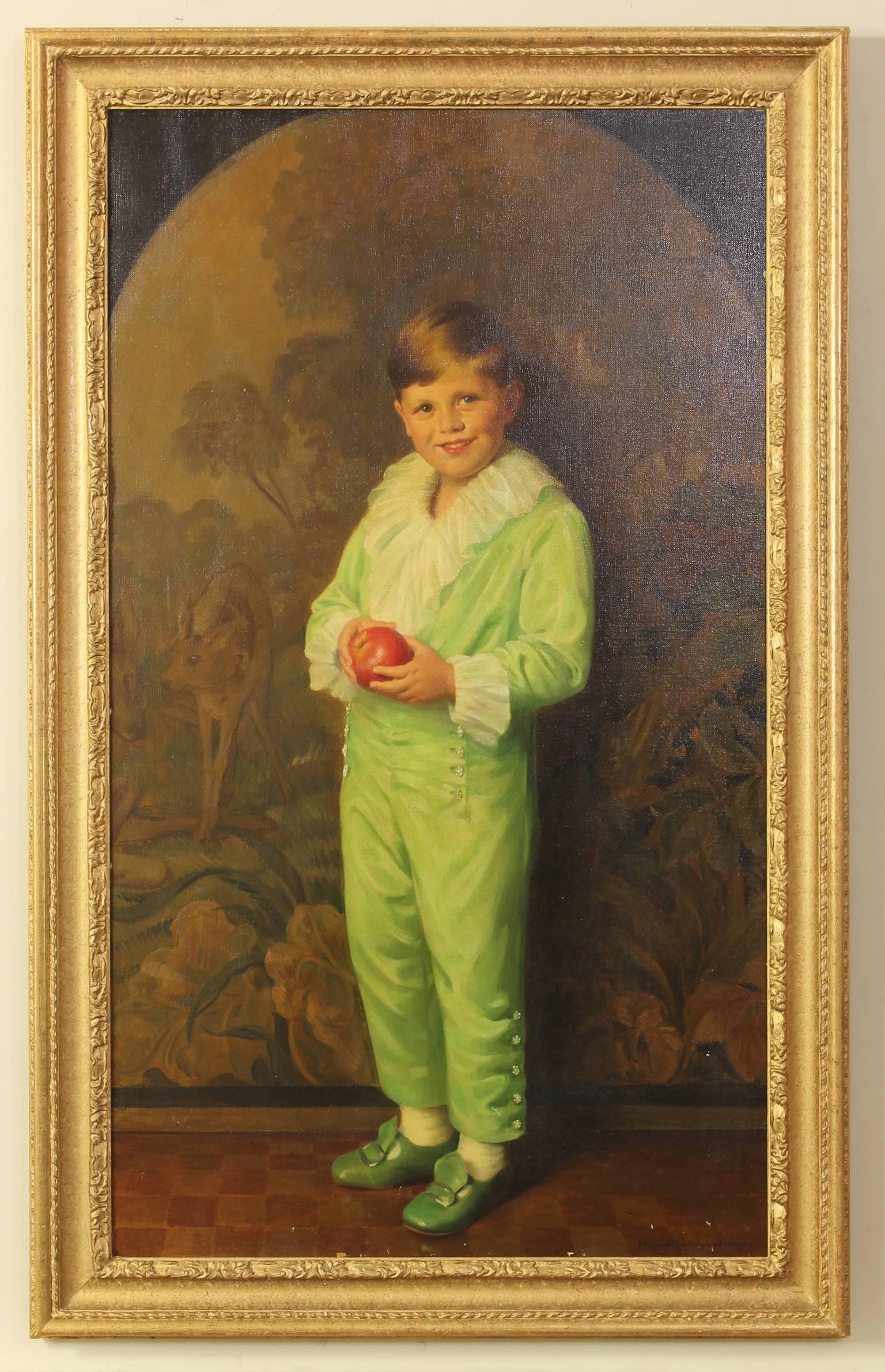 An outstanding life-size oil on canvas portrait of a young boy dressed as a page in a green silk costume holding an apple, signed and dated Margaret Lindsay Williams, 1930. (18 June 1888 - 4 June 1960). Williams, a celebrated portrait artist,