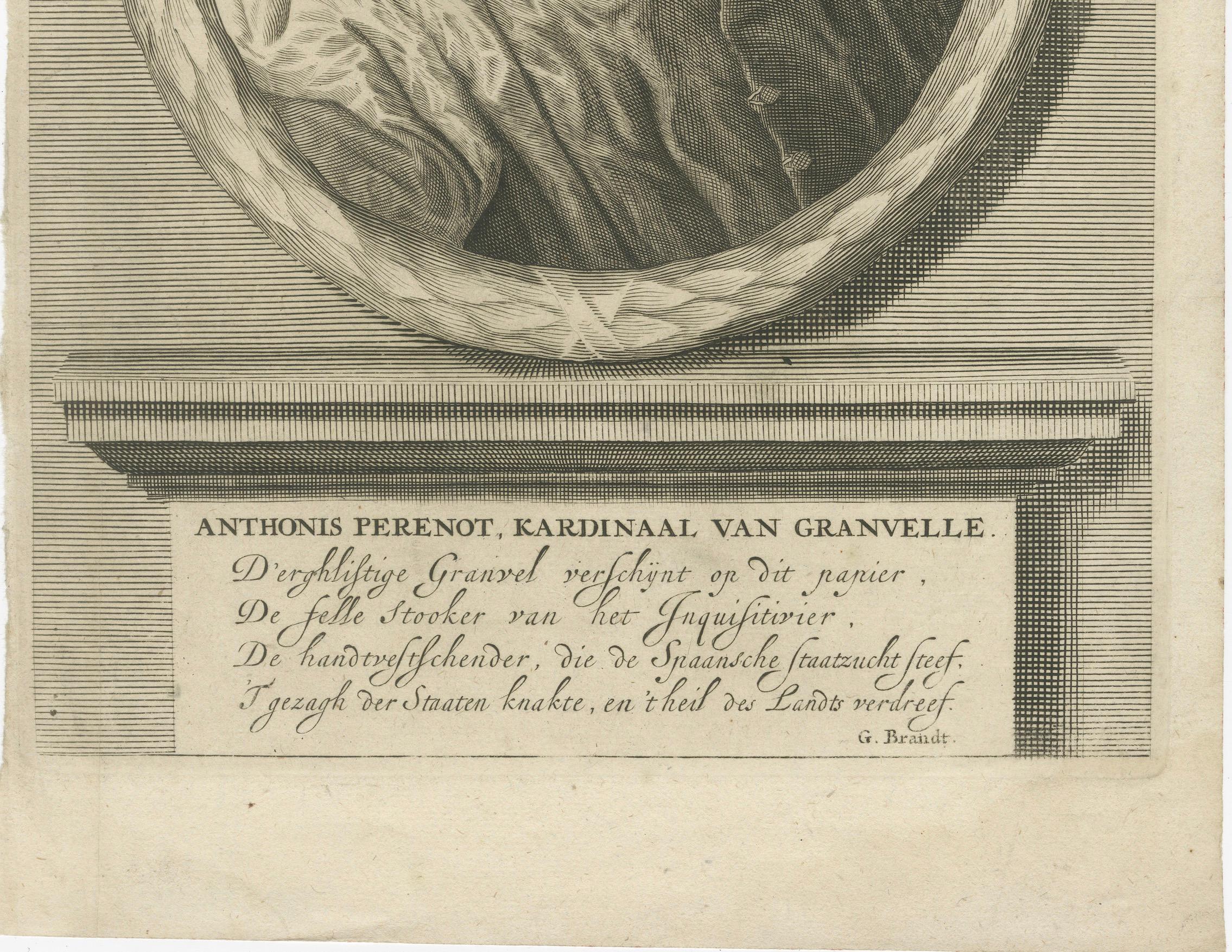 Portrait du cardinal Granvelle - Gravure hollandaise tirée du Jaerboeken de Groot, 1681

Cette gravure ancienne du XVIIe siècle présente une image puissante d'Anthonis Perrenot de Granvelle (1517-1586), une figure politique et religieuse clé de