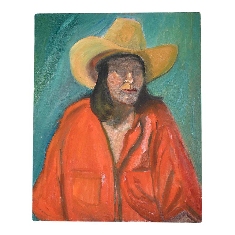 Portrait of Cowboy or Cowgirl Woman in Red Top Original Oil Painting Unframed