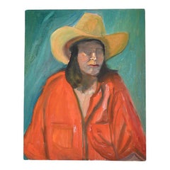 Portrait of Cowboy or Cowgirl Woman in Red Top Original Oil Painting Unframed