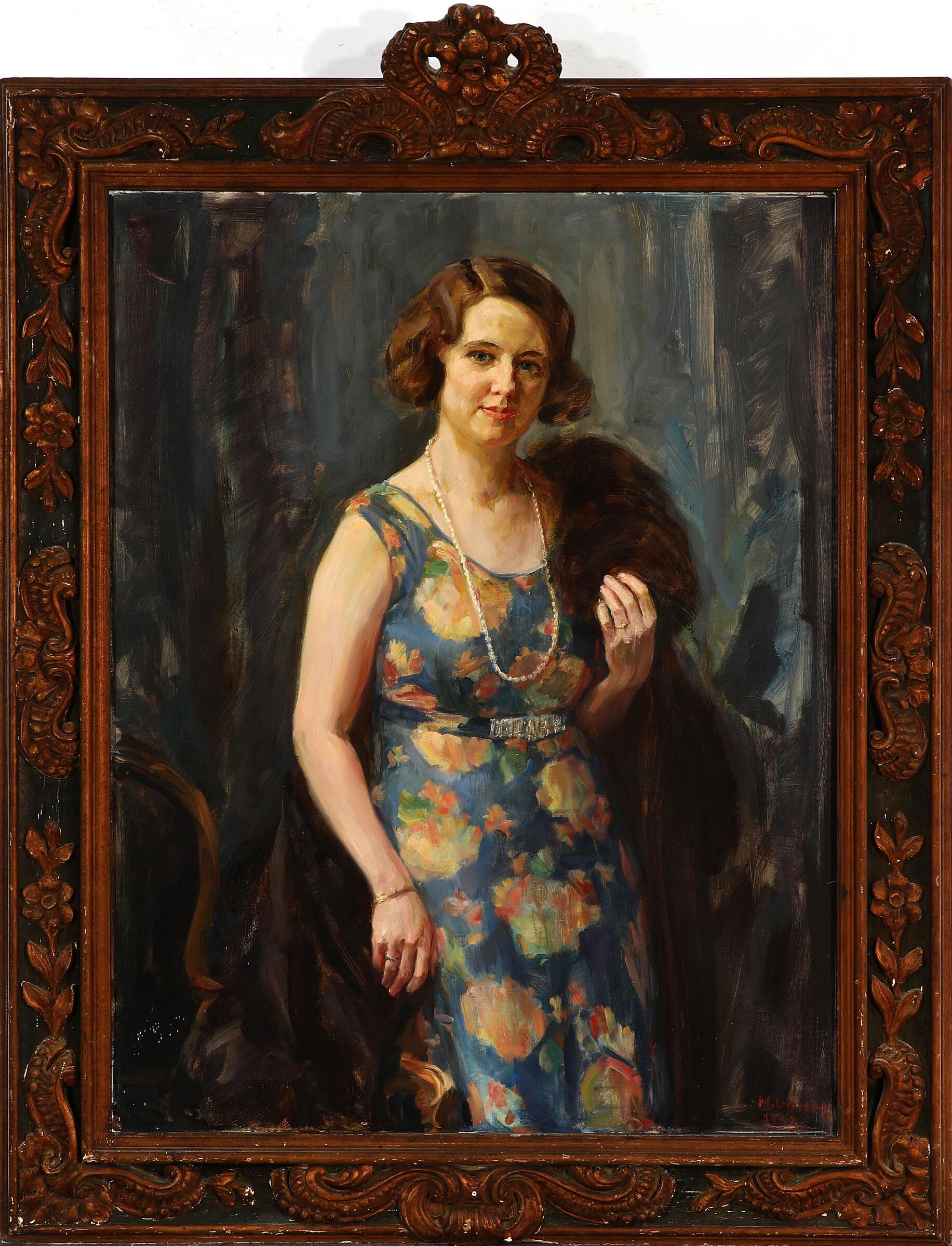 Large Portrait of Elga Collin (1904-) standing three-quarter length in a floral evening dress and fur. Signed and dated H. Dohm 1933. With dedications on the reverse, both signed H. Dohm (in Danish/Latin): “Belongs to Miss Elga Collin”, and “Nil non