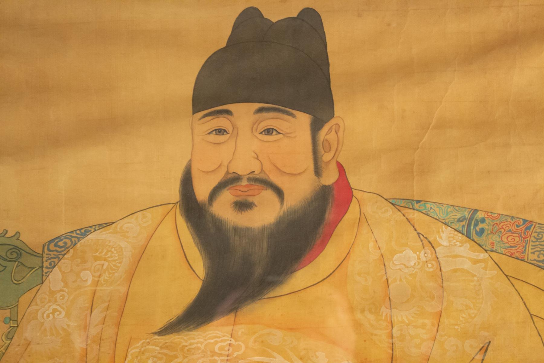 Chinese Export Portrait of Emperor Yongle on His Throne, Painting on Fabric, Early 20th Century