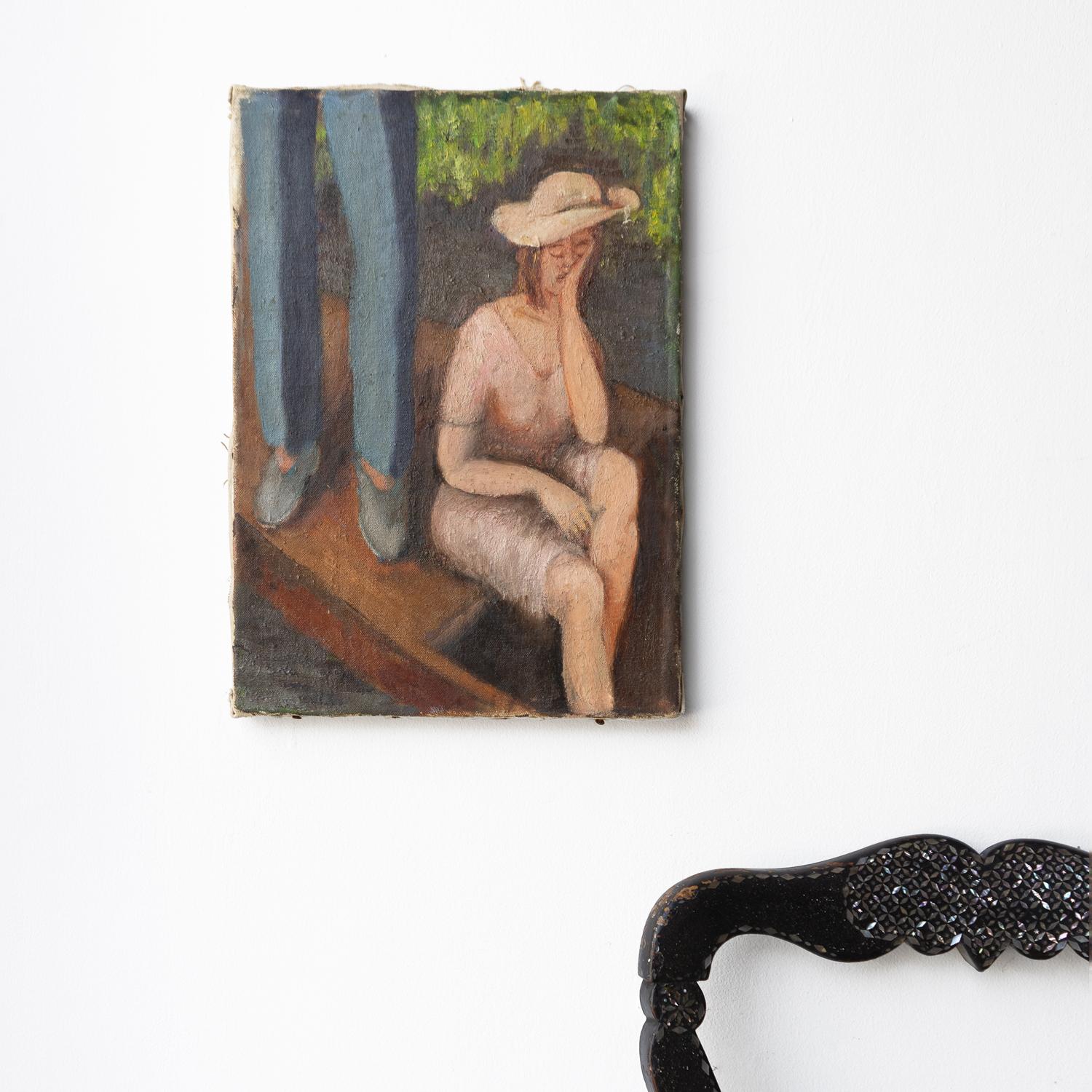 20th Century Vintage Portrait of a Woman Boating, Original Oil on Canvas Painting Early 20thC