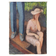 Vintage Portrait of a Woman Boating, Original Oil on Canvas Painting Early 20thC