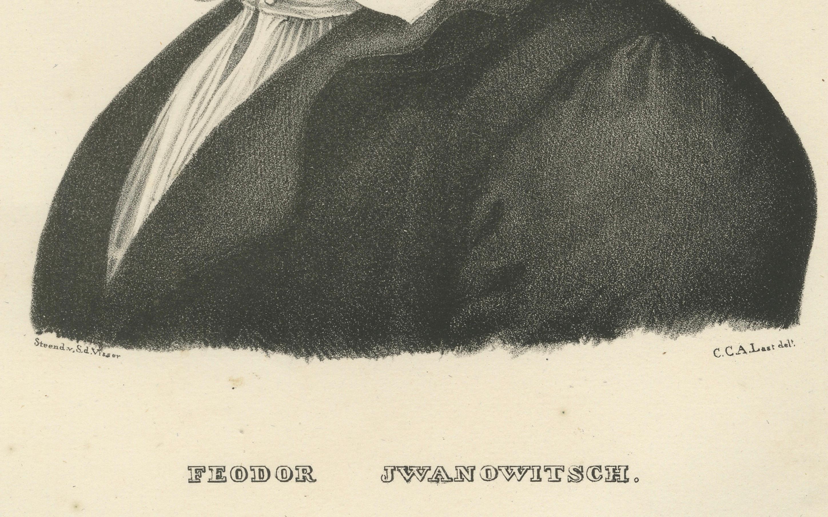 Portrait of Feodor Iwanowitsch, a Kalmyk, by Karl Joseph Brodtmann, Zurich 1836

This lithograph, created by the Swiss artist Karl Joseph Brodtmann in 1836, depicts Feodor Iwanowitsch (Fyodor Ivanovich), a Kalmyk man, who lived between 1763 and