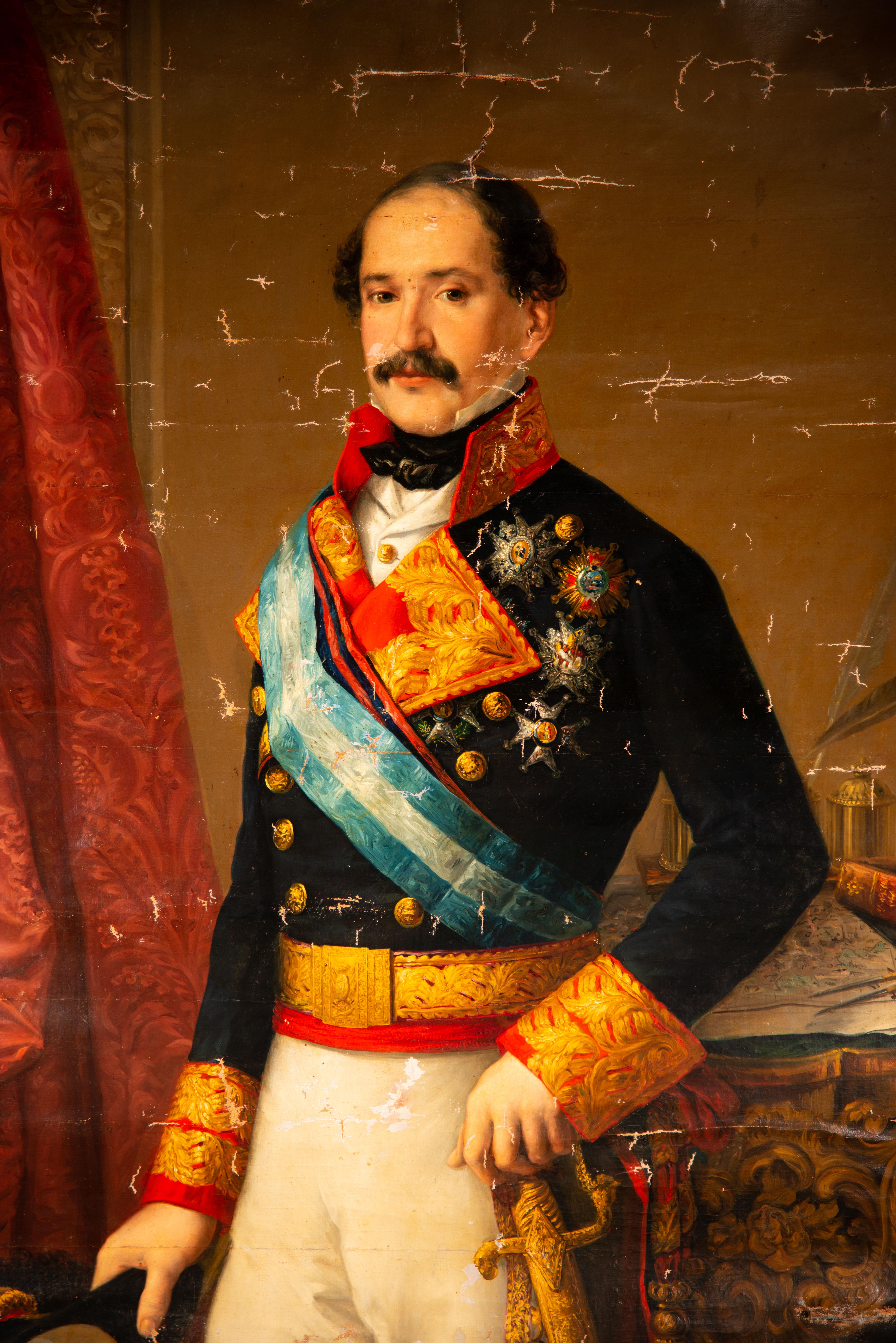  Portrait of Fernando Fernandez de Cordoba and Valcarcel. Oil on canvas. Spanish School, 19th century. 
Unframed canvas. Damaged. Requires restoration.
 Full-length portrait of a male figure set in an interior decorated with carpets, a gilded wooden