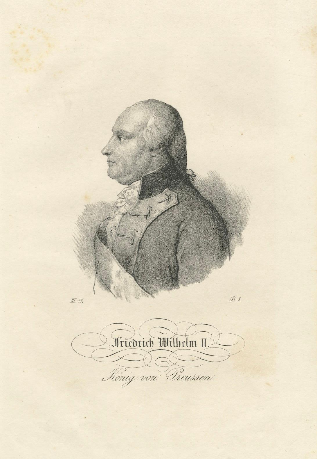 Ritratto di Federico Guglielmo II, re di Prussia, 1810-1825 circa

Questa stampa antica finemente eseguita presenta un distinto ritratto di profilo di Friedrich Wilhelm II (1744-1797), re di Prussia dal 1786 alla sua morte. Il monarca è raffigurato