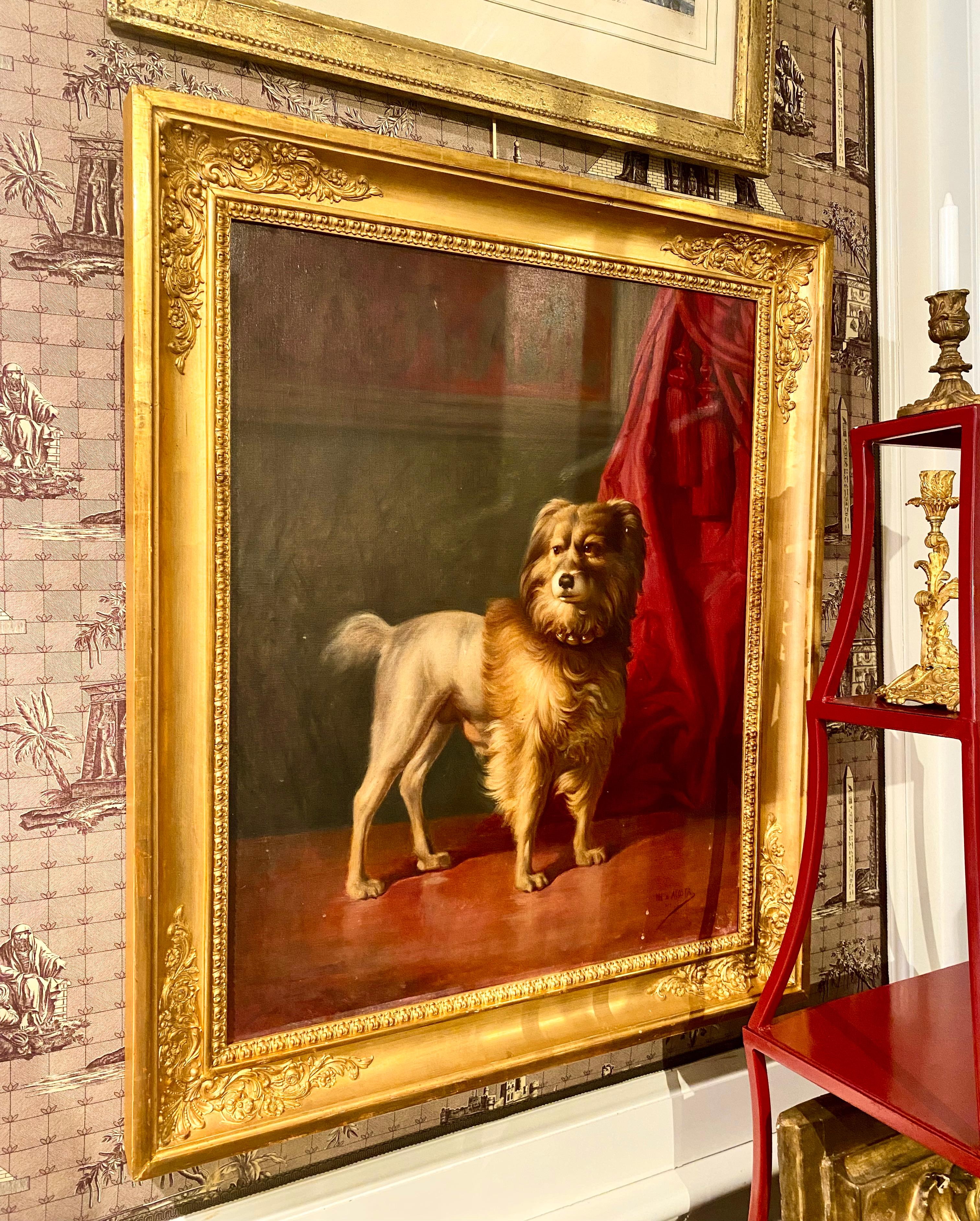 Porträt von Friel, Hund der Herzöge von Osuna, von Marcos Hiràldez Di Acosta, 1879

Großartiges, signiertes Gemälde von Marcos Hiráldez De Acosta (1830-1896), einem Schützling der Familie des Herzogs von Osuna, aus Madrid. 

Der treue Hund des