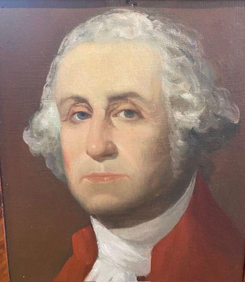 Antique Portrait of George Washington, by William Matthew Prior (American: 1806 - 1873), circa 1840s, an oil on board quarter-length portrait of George Washington, after the famous, iconic portrait by Gilbert Stuart. A warm and carefully rendered