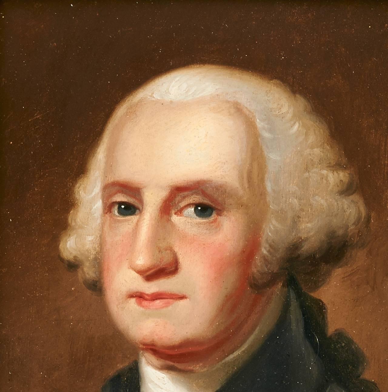This skilful portrait of George Washington by an unknown artist is after Gilbert Stuart’s unfinished Athenaeum portrait of the President. Oil on board, circa 1840 in a period frame.
 