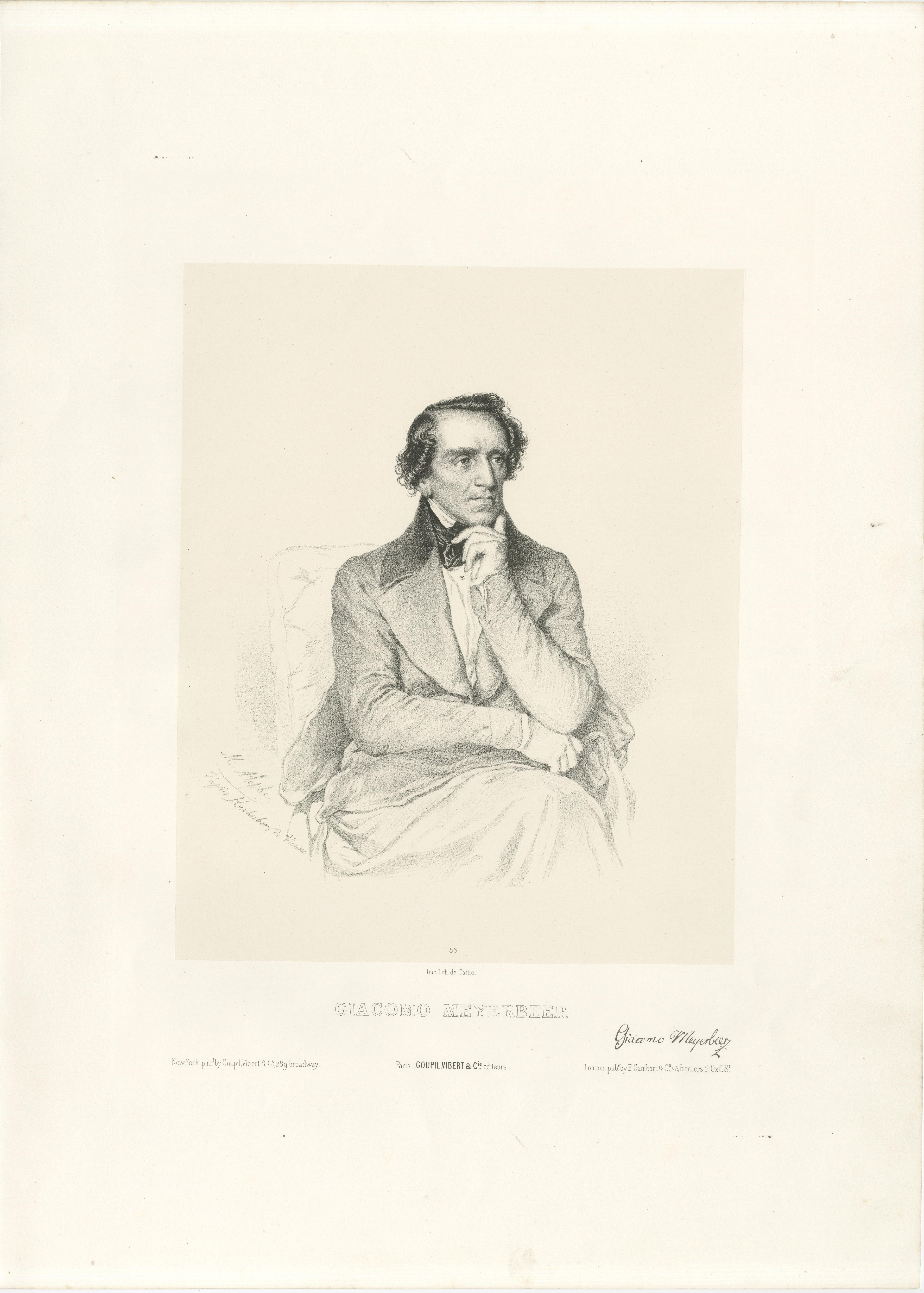 Retrato de Giacomo Meyerbeer por Le Gout-Gérard - Litografía del siglo XIX, 1855 en venta 1