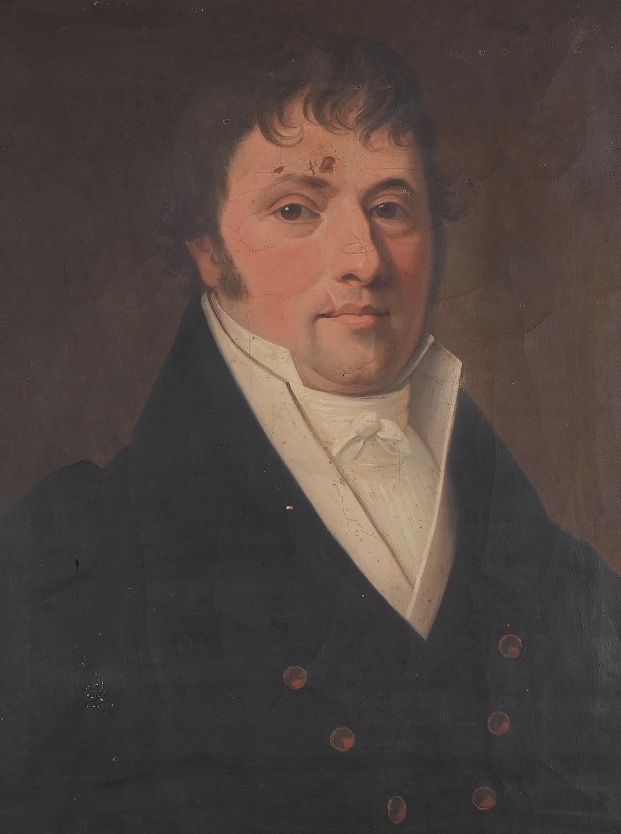 Ritratto di uomo francese della Restaurazione borbonica. Risalente al 1825 circa, questo bel dipinto a olio su tela raffigura una *homme bourgeois* che mostra tutti i segni dello stile meno militarista e più orientato agli affari del periodo