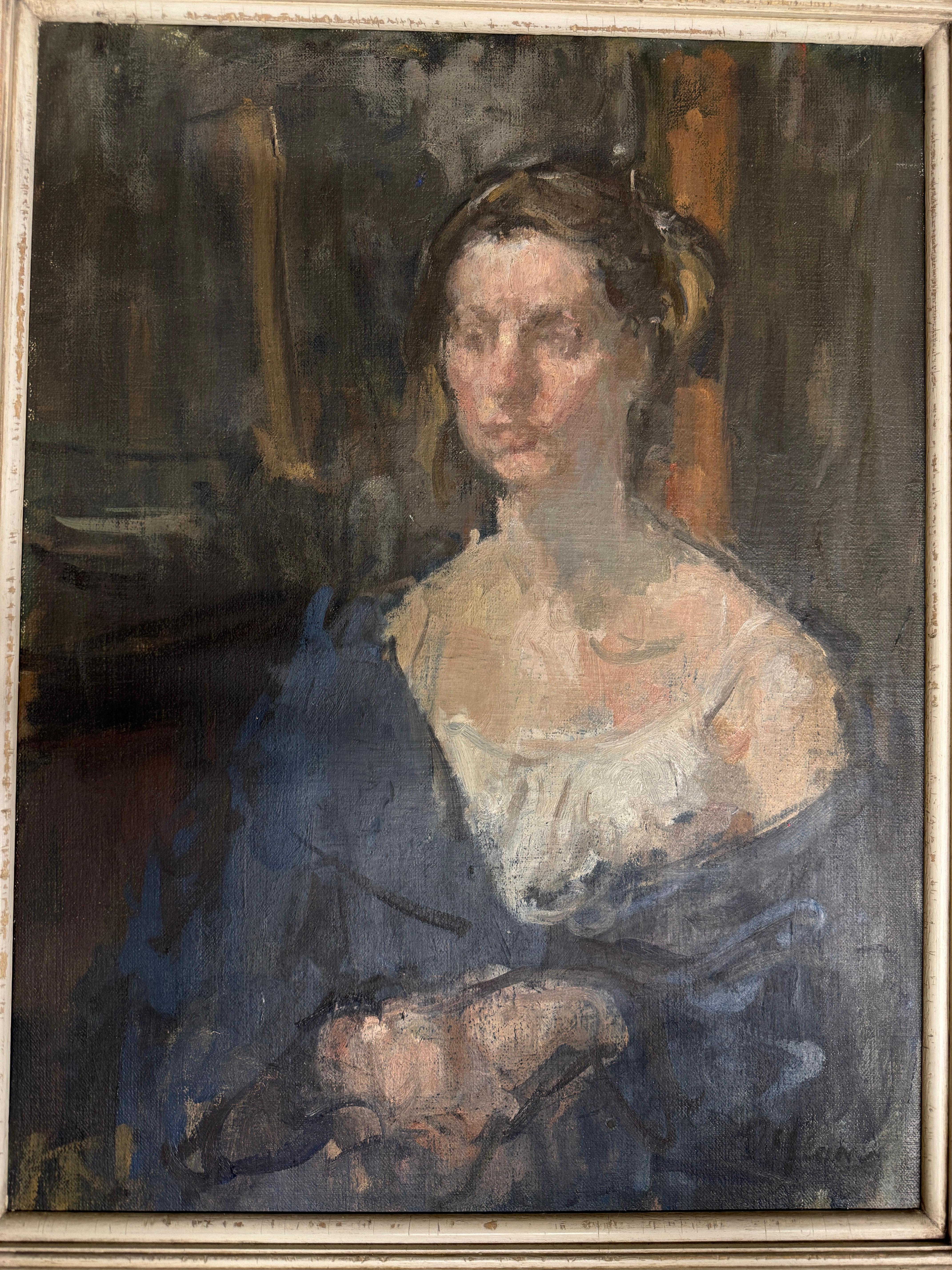 Martin Yeoman (geb. 1953)
Porträt eines Mädchens in Blau
Signiert 'Yeoman' (unten rechts)
Öl auf Leinwand,
Rahmengröße 22,5 x 18 x 2,25 Zoll (57 x 46 x 5,5 cm), unglasiert 

Martin Yeoman (geboren 1953) ist ein englischer Maler und Zeichner, der