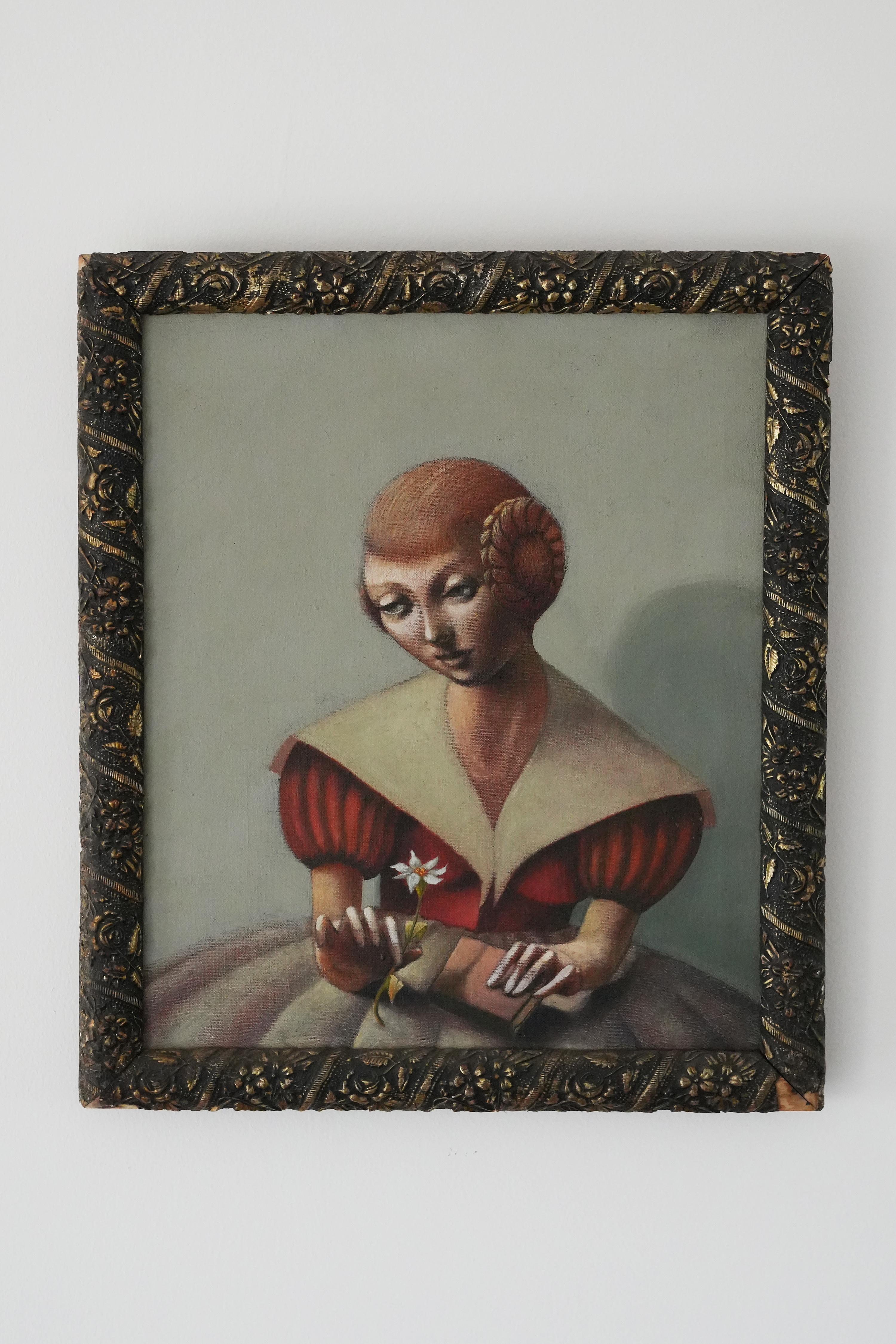 This is an intriguing portrait of an anonymous dutch girl delicately holding a flower in its original floral motif frame.  It's neither signed or dated but estimated to be circa 1940.  All original condition, some loss to the frame on the lower