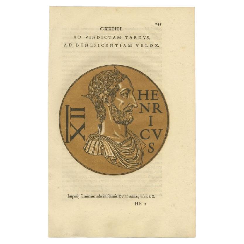 Antique portrait titled 'Henricus XII'. Old portrait depicting (probably) Henry III, Holy Roman Emperor. This print originates from 'Icones Imperatorvm Romanorvm (..)' by Hubert Goltzius. 

Artists and Engravers: Published by Balthasar Moretus,