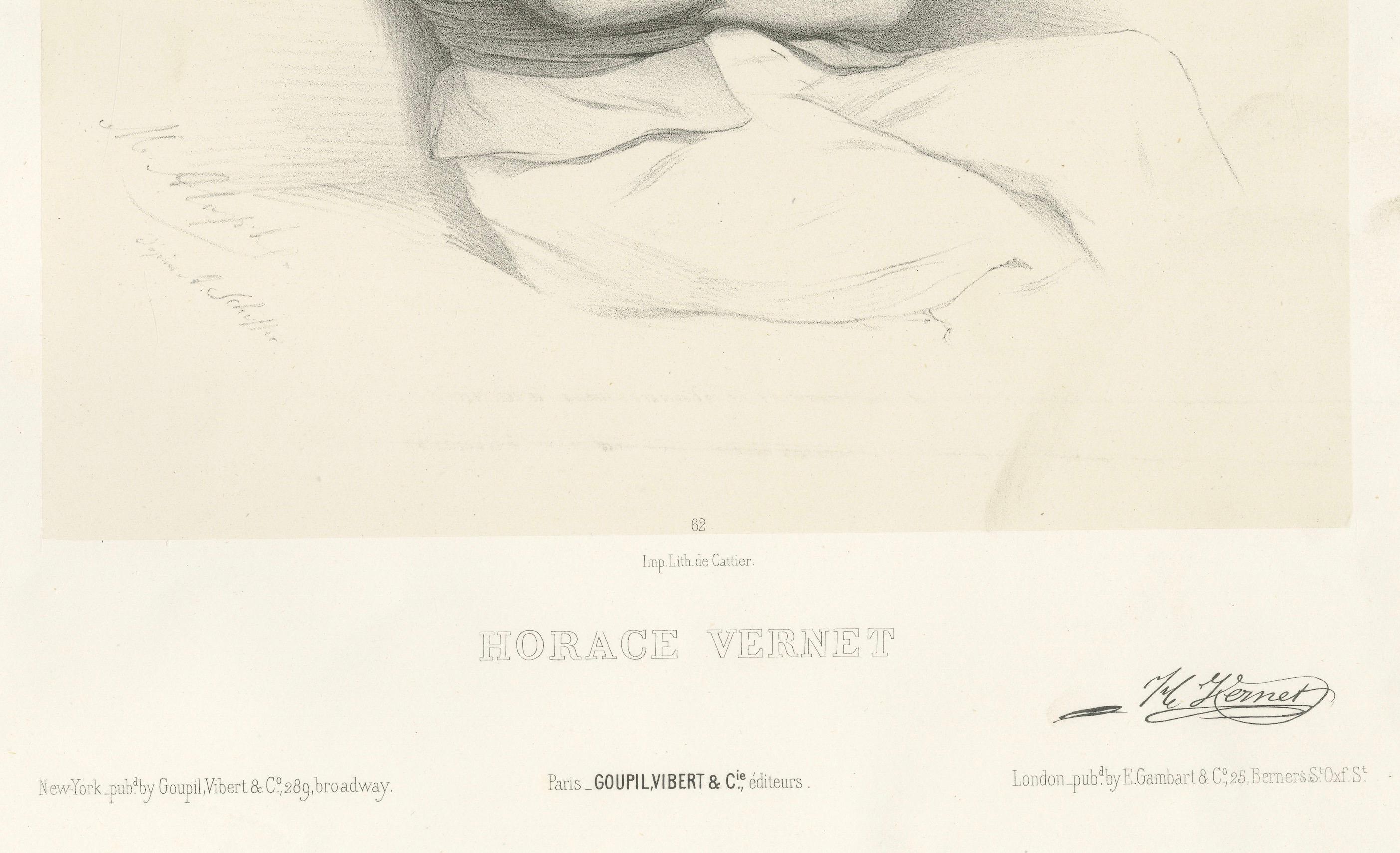 Retrato de Horace Vernet por Le Gout-Gérard - Litografía del siglo XIX, hacia 1855

Esta elegante litografía del siglo XIX presenta un retrato sentado de Horace Vernet (1789-1863), uno de los más destacados pintores franceses de escenas militares e