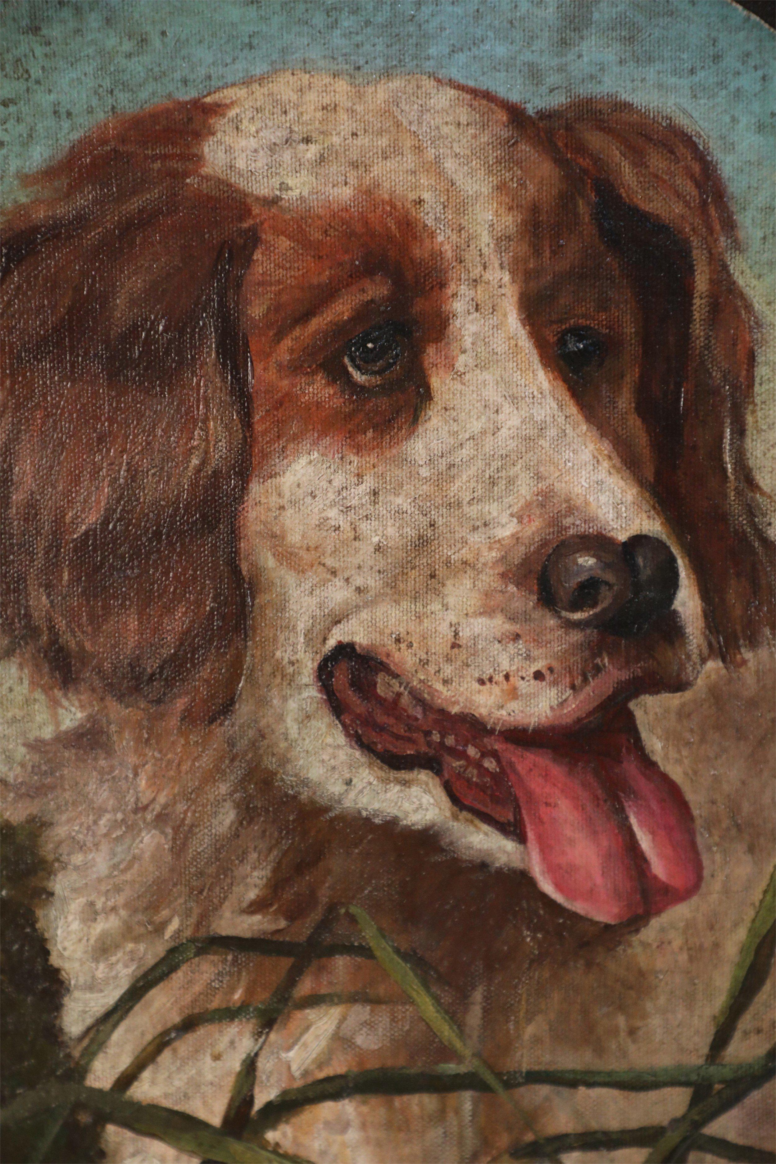 Mid-Century Modern Portrait of Hunting Dog Oil Painting on Canvas For Sale