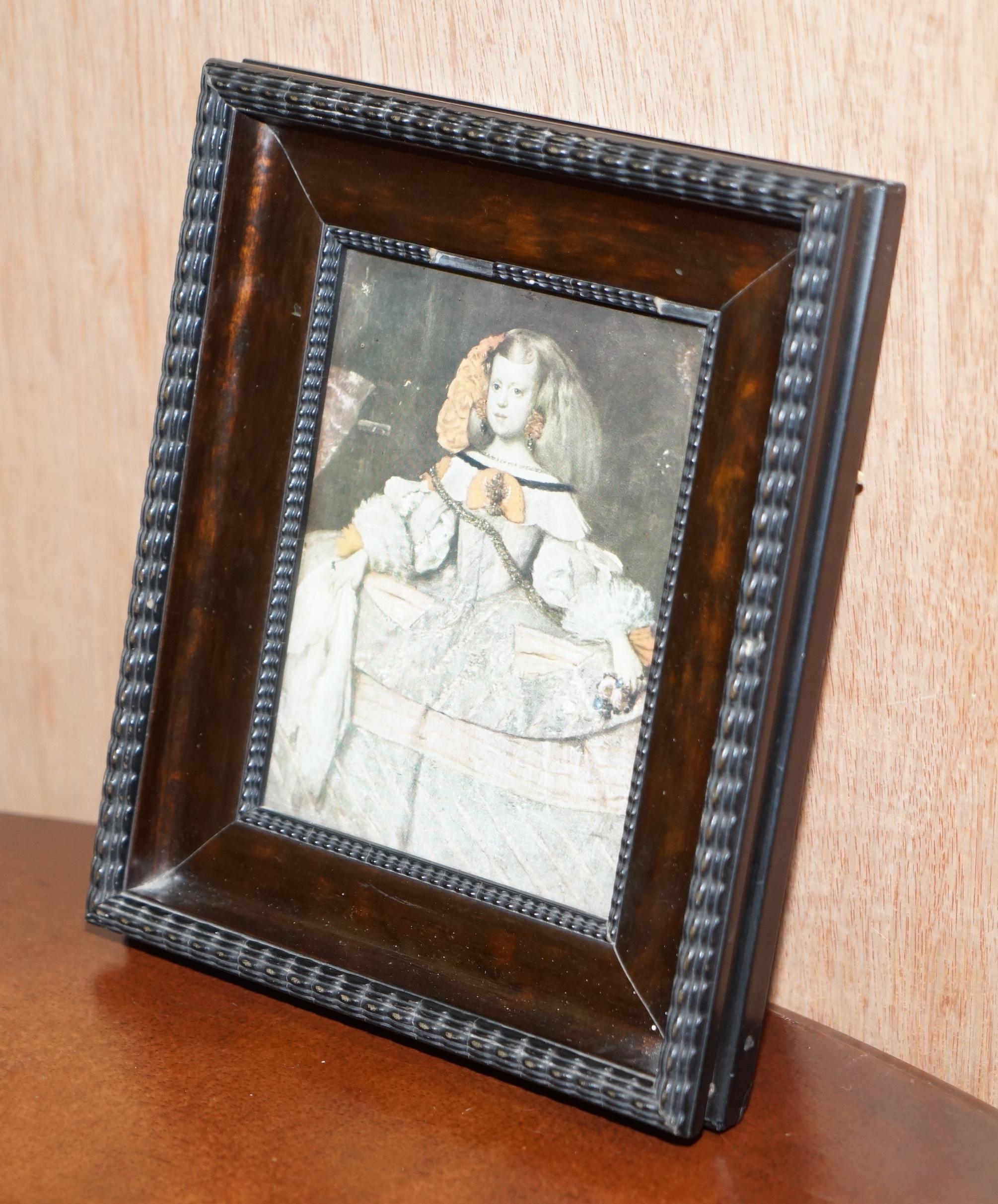 We are delighted to offer for sale this lovely Portrait of the Infanta Margarita Teresa Juan Bautista Martínez del Mazo (Queen of Spain)

A very sweet little picture, labelled to the back Vienna Imperial Gallery

The frame looks to be faux