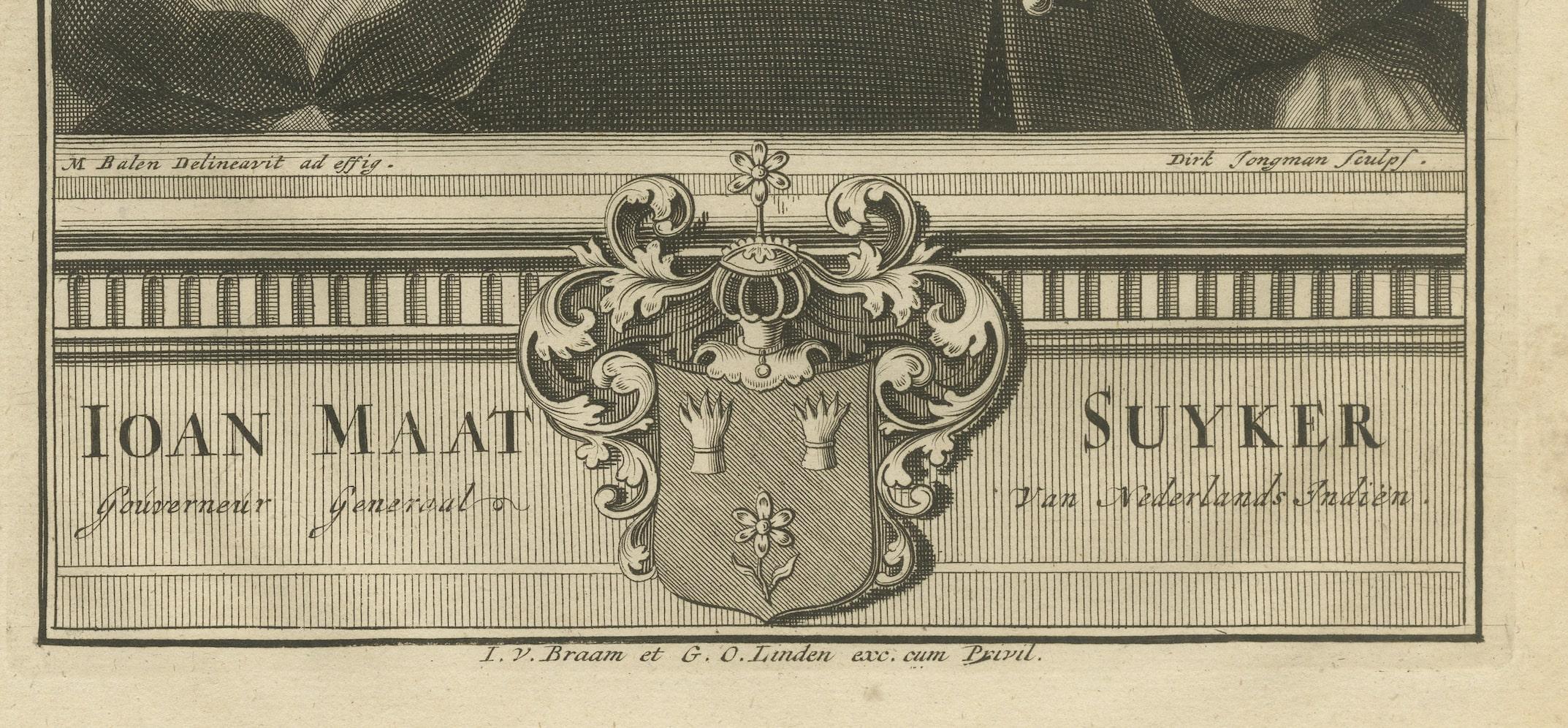Retrato de Ioan Maat Suyker: Gobernador General de las Indias Orientales Holandesas, 1724 Grabado en venta