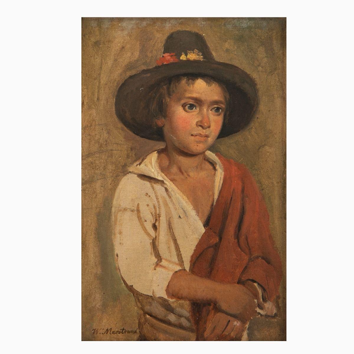 Kleines Porträt eines italienischen Jungen mit Hut und roter Jacke.
Öl auf Leinwand. Abmessungen: 21 x 14,5 cm.
Unterschrieben: W. Marstrand.
Wahrscheinlich um 1840 gemalt, gerahmt in einem zeitgenössischen vergoldeten Rahmen.

Ein schönes kleines