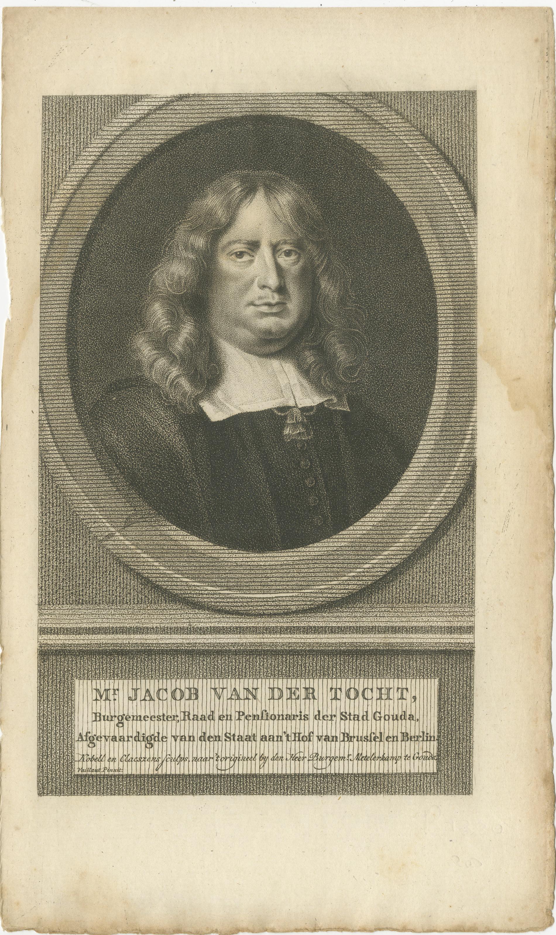 Portrait de Jacob van der Tocht - Bourgeois de Gouda, gravé par Claessens, 1794

Cette gravure du XVIIIe siècle finement exécutée représente Jacob van der Tocht (d. 1680), un éminent homme d'État néerlandais qui a été bourgmestre, conseiller et