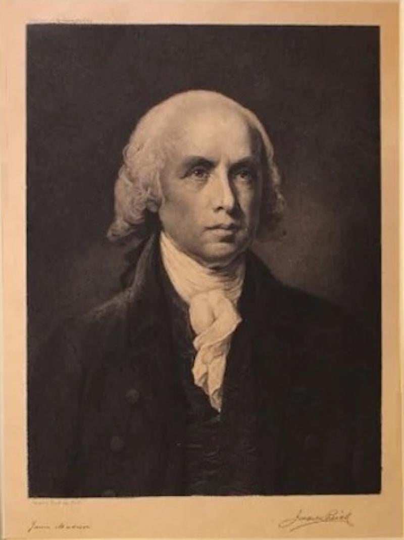 Presented is a head-and-shoulders portrait of James Madison by Jacques Reich. Reich completed the etching in 1911 and signed the print in pencil at the bottom left hand corner. 
Jacques Reich was a Hungarian-born portrait etcher, active mainly in