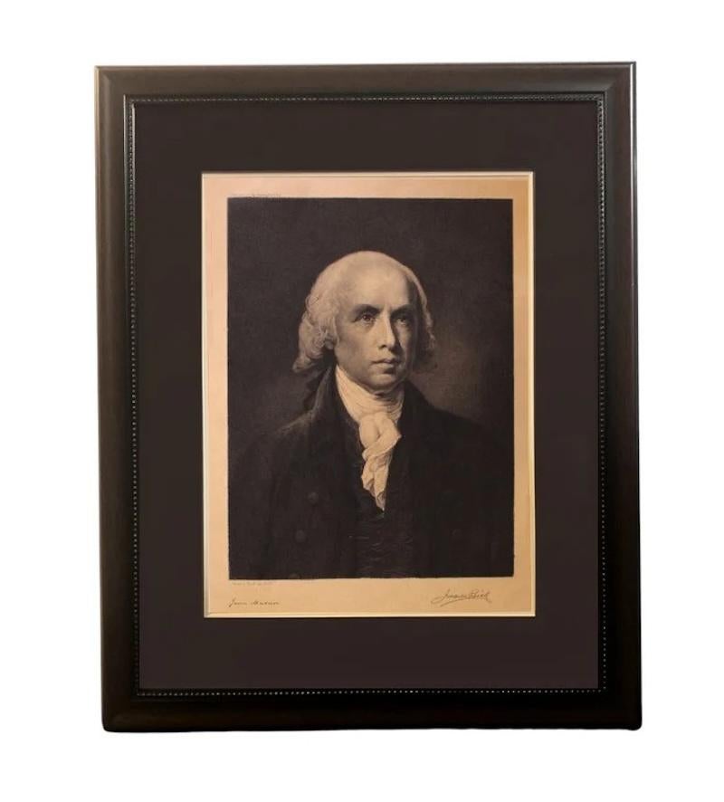 Etched Portrait of James Madison, Signed by Jacques Reich, Etching, Circa 1911
