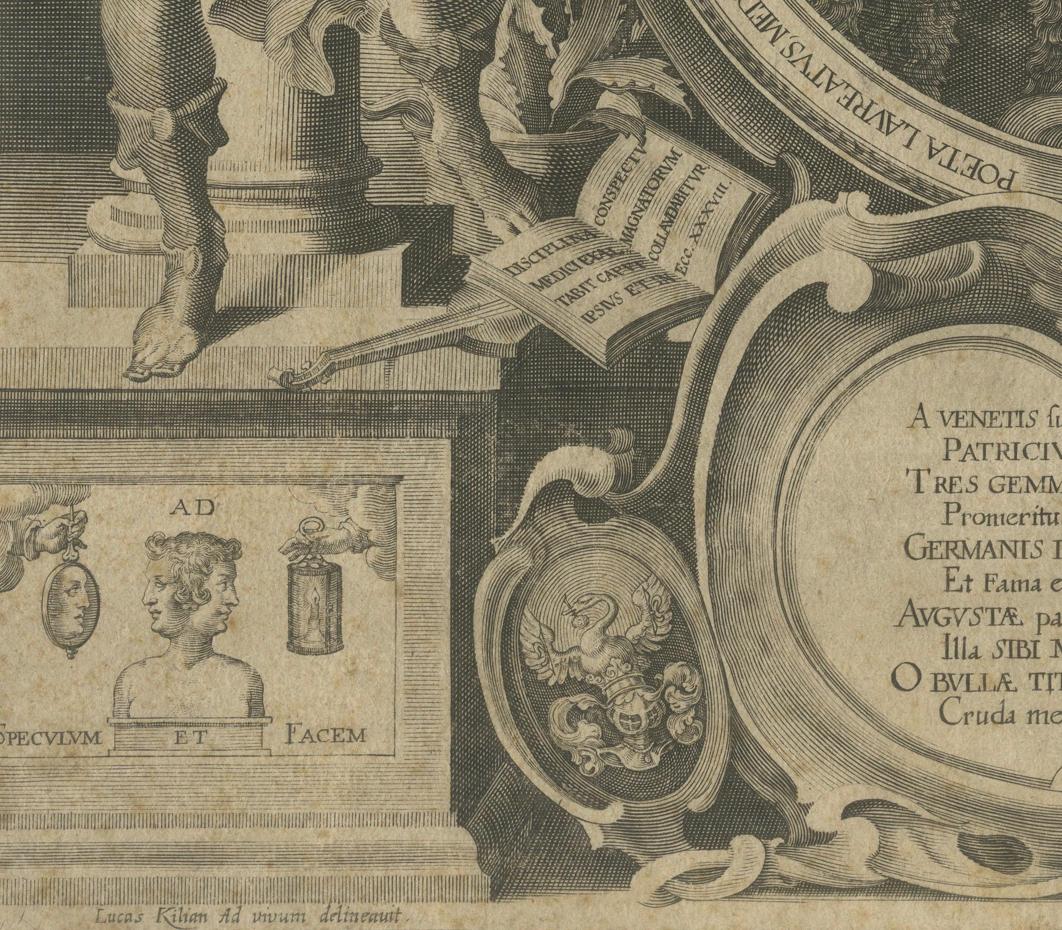 Descripción de la huella:

Se trata de un detallado y simbólico grabado lineal de 1638, que retrata a Johannes Henisius (Johann Heins), distinguido médico, filósofo y poeta laureado de su época. Grabado por Wolfgang Kilian a partir de un diseño de