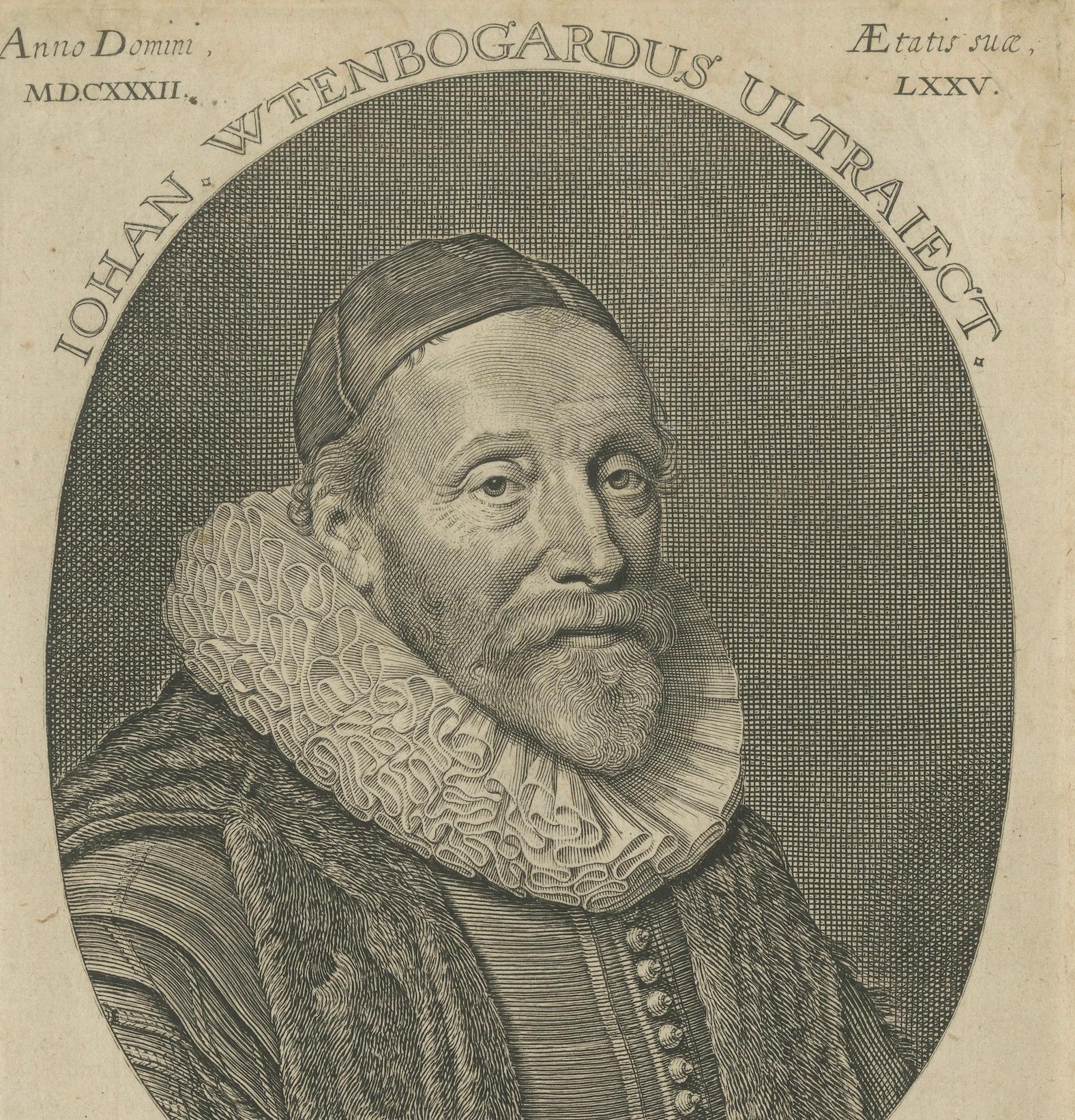 XVIIIe siècle et antérieur Portrait de Johannes Wtenbogaert - chef des Remonstrants, gravure de Delff, 1632 en vente