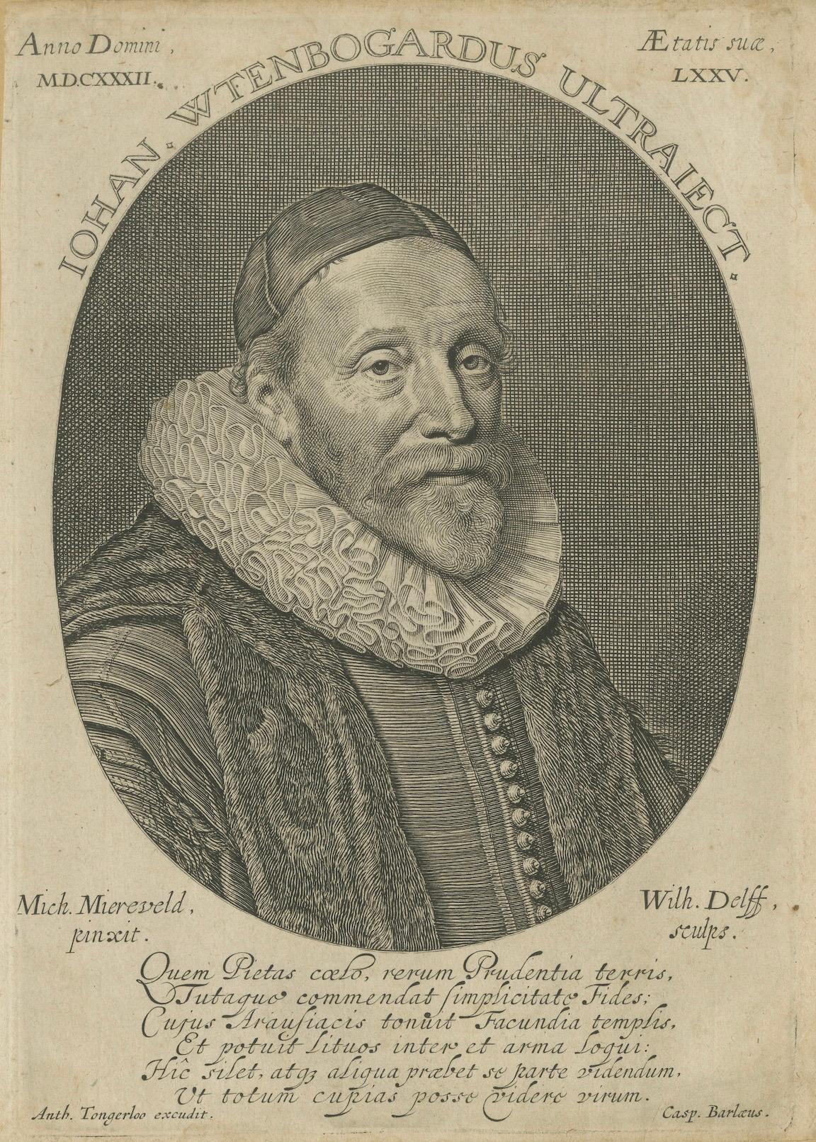 Papier Portrait de Johannes Wtenbogaert - chef des Remonstrants, gravure de Delff, 1632 en vente