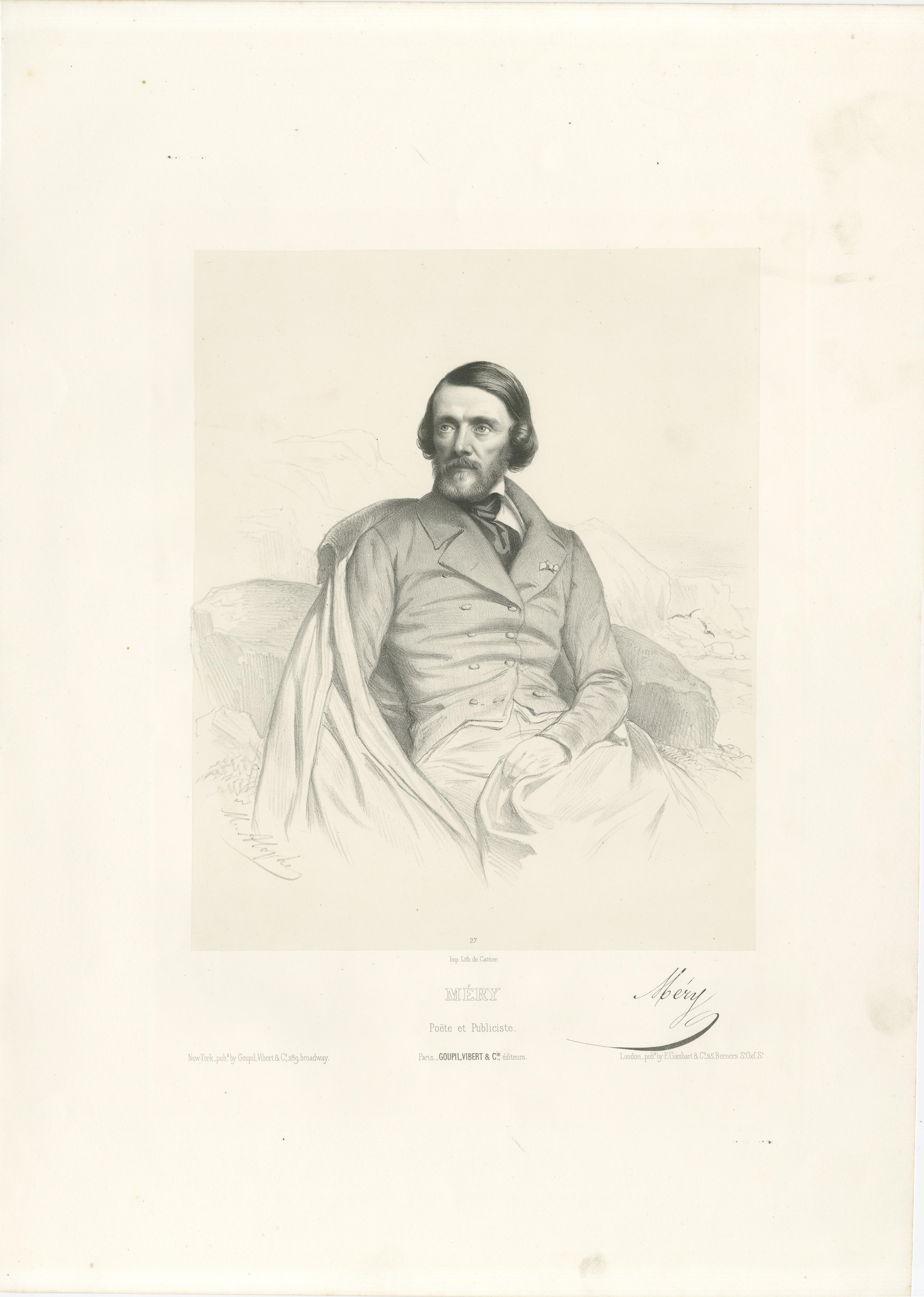 Retrato de Joseph Méry - Poeta y publicista francés, litografía del siglo XIX en venta 1