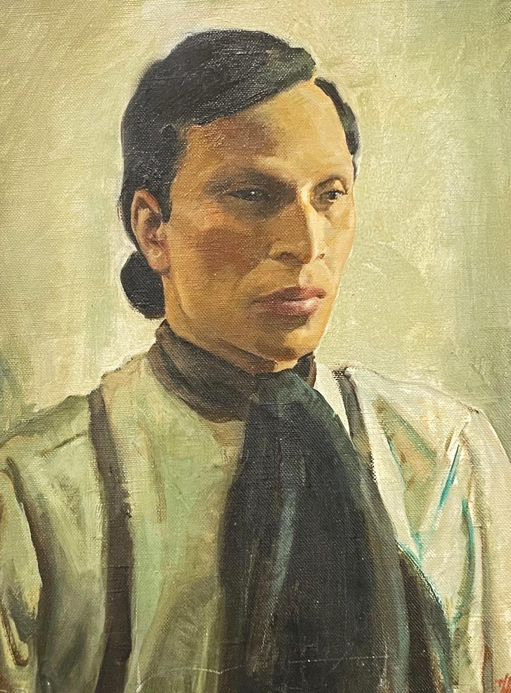 This strong and dignified portrait of the great Cherokee leader, Junaluska, painted by one of America's leading illustrators long after the Native American's death, uses a palette of black and mossy green to capture its subject. Junaluska lived in