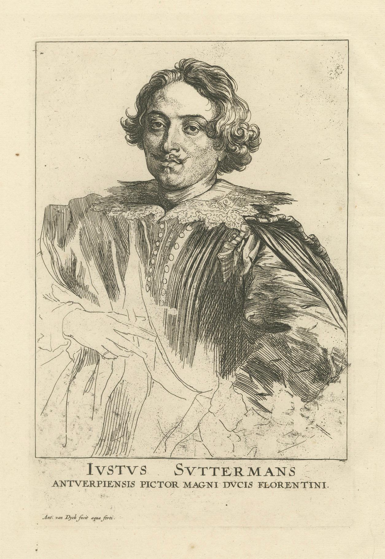 Titel: Porträt von Justus Sustermans, flämischer Maler des Großherzogs von Florenz

Beschreibung:
Dies ist ein antiker Stich von Justus Sustermans (1597-1681), einem berühmten flämischen Porträtmaler des Barock, der in Antwerpen geboren wurde und