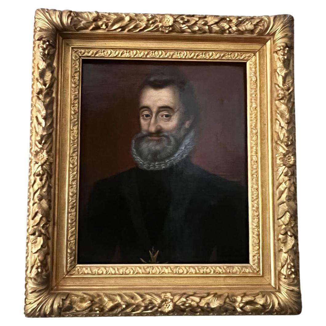 A stunning Portrait of King Henri IV of France, father of King Louis XIII in the fantastic impressive hand carved gold gilded French baroque frame. Henri IV of France was the first of the Bourbon kings of France, who brought unity and prosperity to