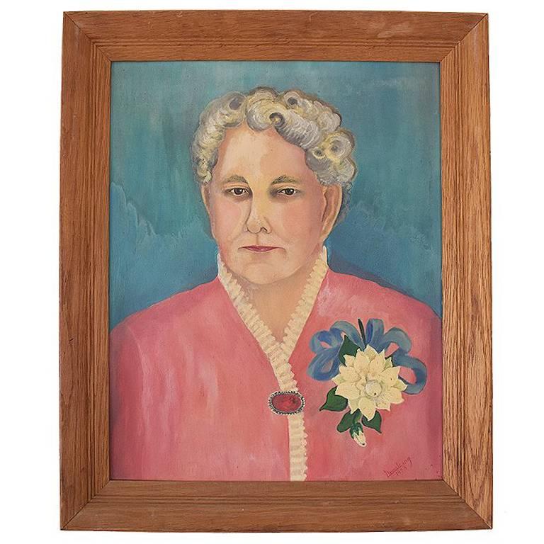 Vintage Floral Portrait of Lady in Blue Pink in Wood Frame gallery wall signed