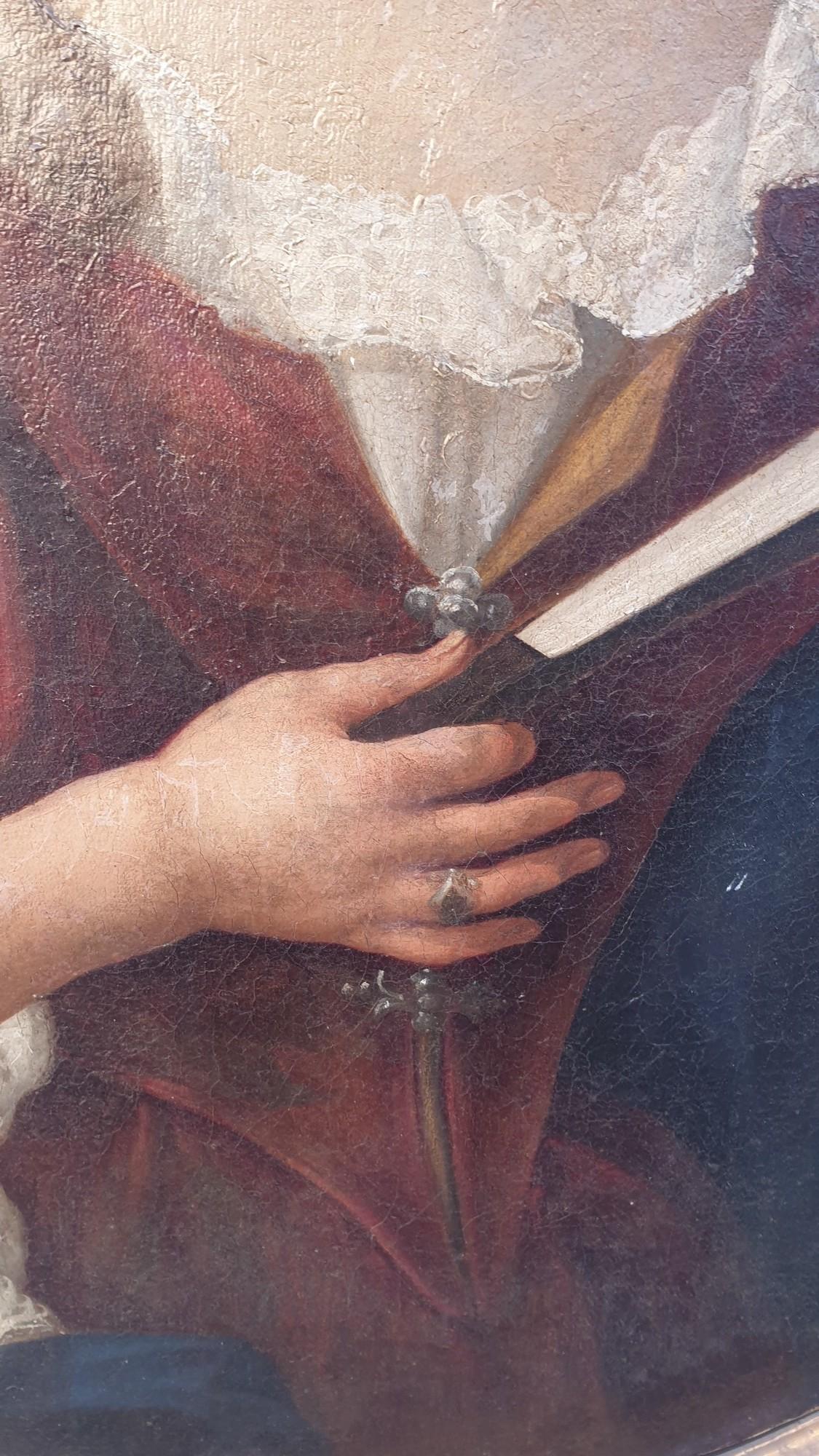 Porträt einer Dame mit Fächern, gerahmt, ovales Porträt, achtzehn Jahrhundert im Zustand „Gut“ im Angebot in MARSEILLE, FR