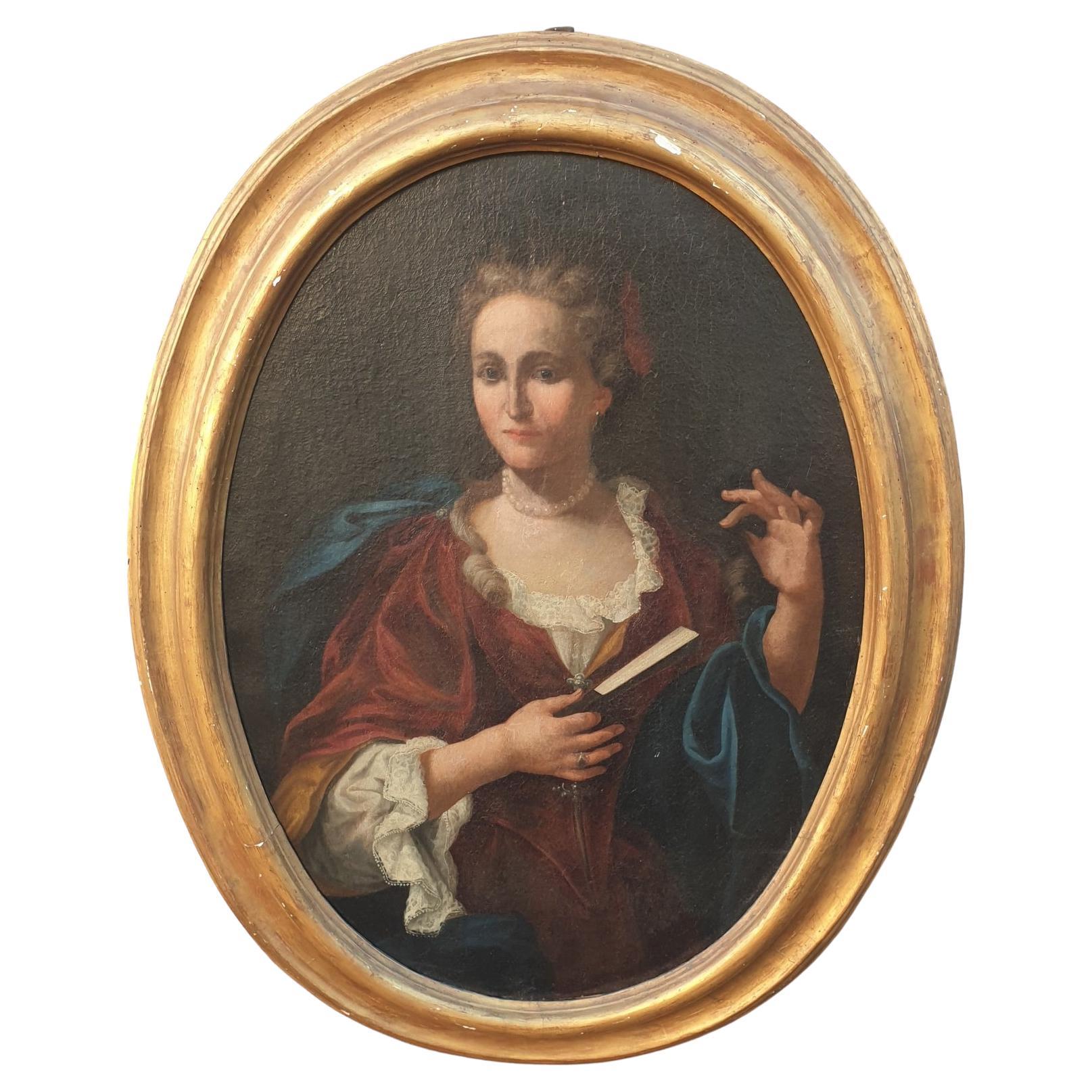 Portrait of Lady with a Fan, Framed Oval, 18th Century For Sale