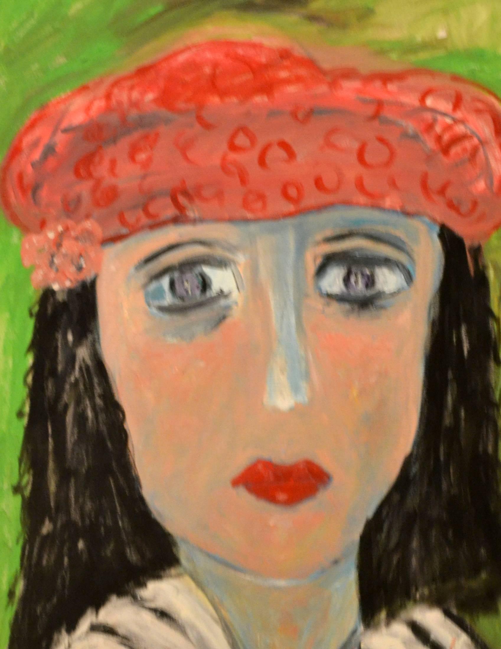 American Portrait of Lady With Red Beret Against Green by JoAnne Fleming For Sale