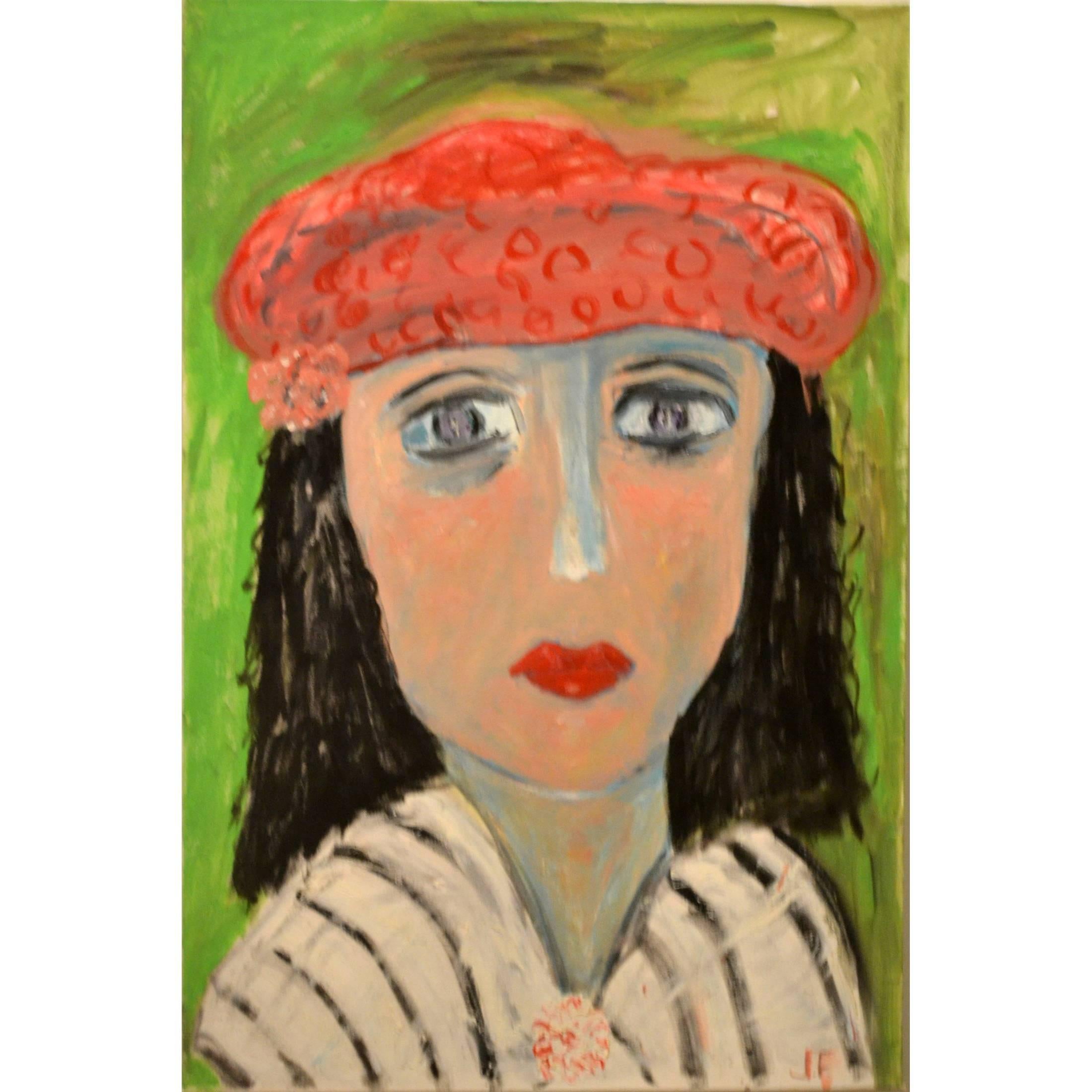 Portrait of Lady With Red Beret Against Green by JoAnne Fleming For Sale