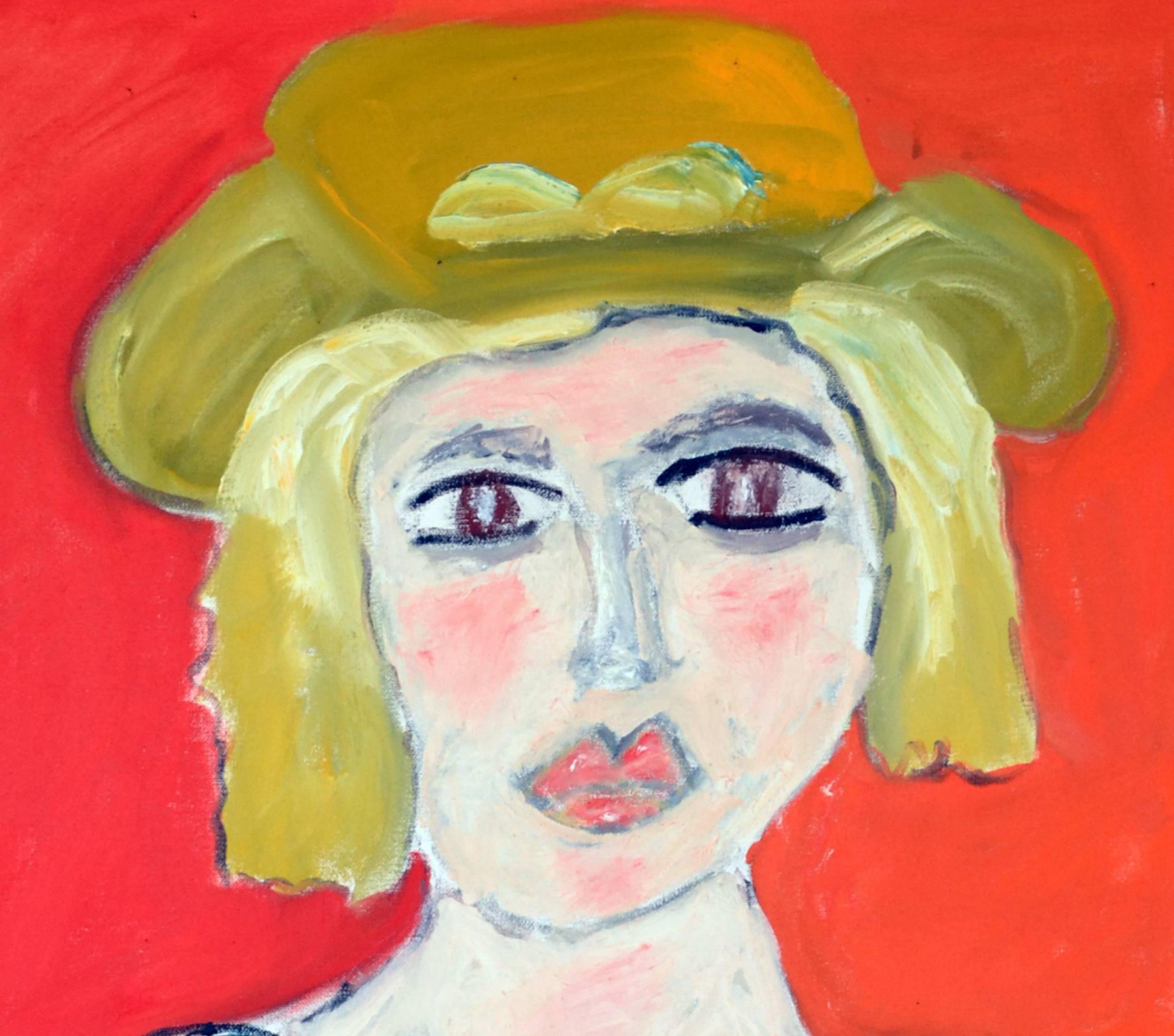 This exceptional expressionist painting titled Portrait of Lady With Yellow Western Hat Against Orange-Red is by highly listed and respected self-taught artist JoAnne Fleming (b. 1930). The artist's characteristic style exudes a primitive quality to