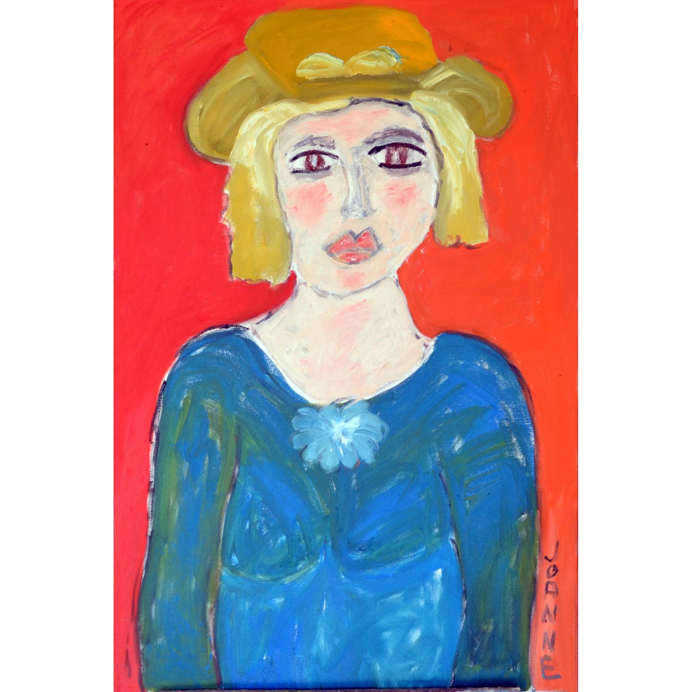 Portrait of Lady with Yellow Western Hat Against Orange-Red by JoAnne Fleming For Sale