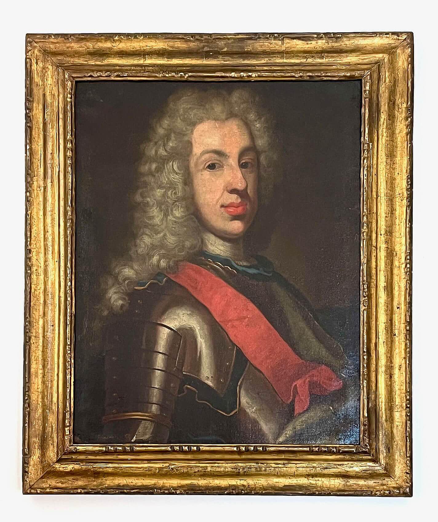 Un ritratto a olio su tela del 1725 circa di Louis George Simpert, in qualità di Principe Ereditario, futuro Margravio di Baden-Baden (Deutsch:  Ludwig Georg Simpert, Markgraf von Baden-Baden) ritratto di un quarto con una parrucca incipriata e con