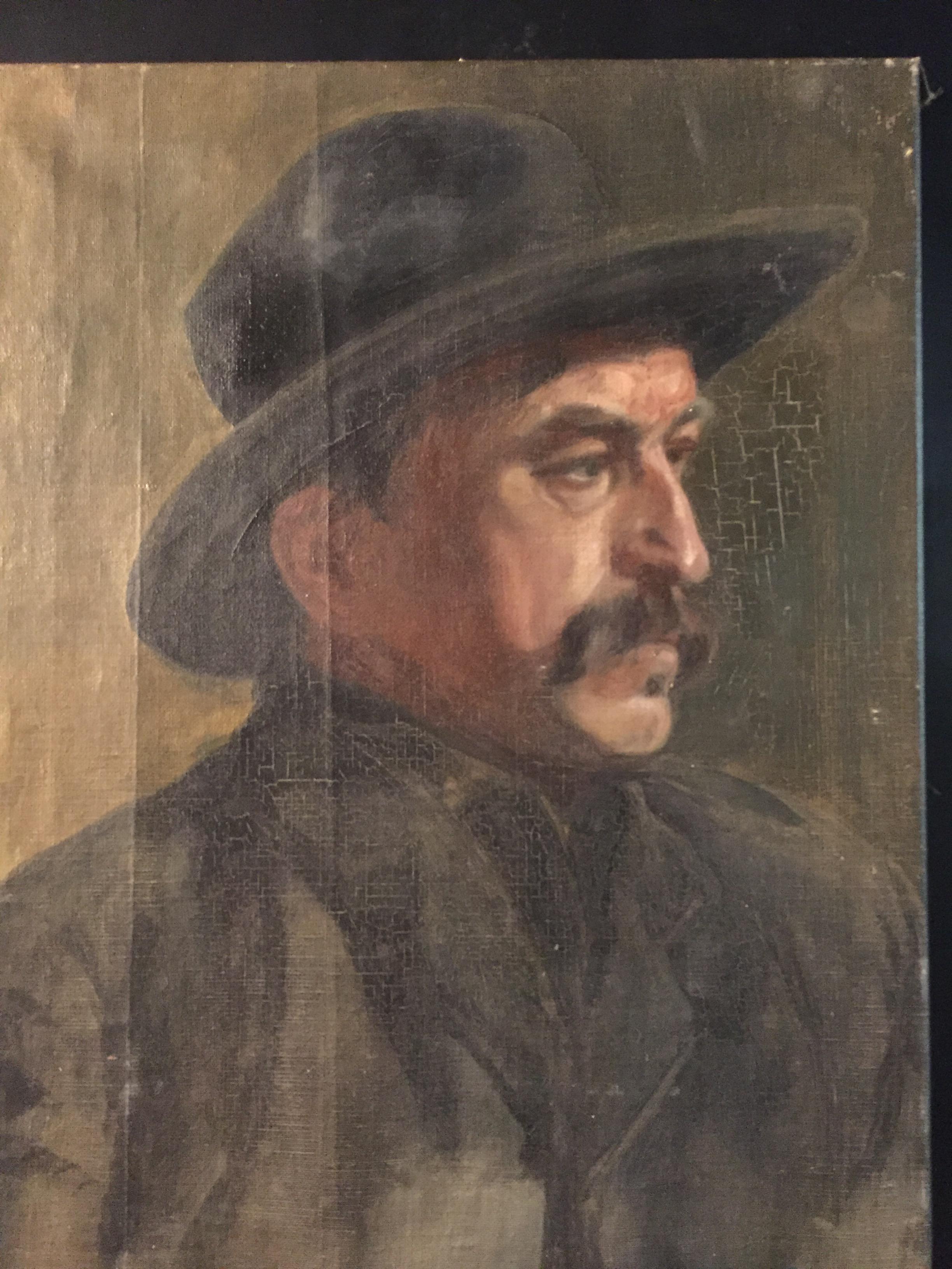 Portrait of man with hat circa 1900 oil on canvas.