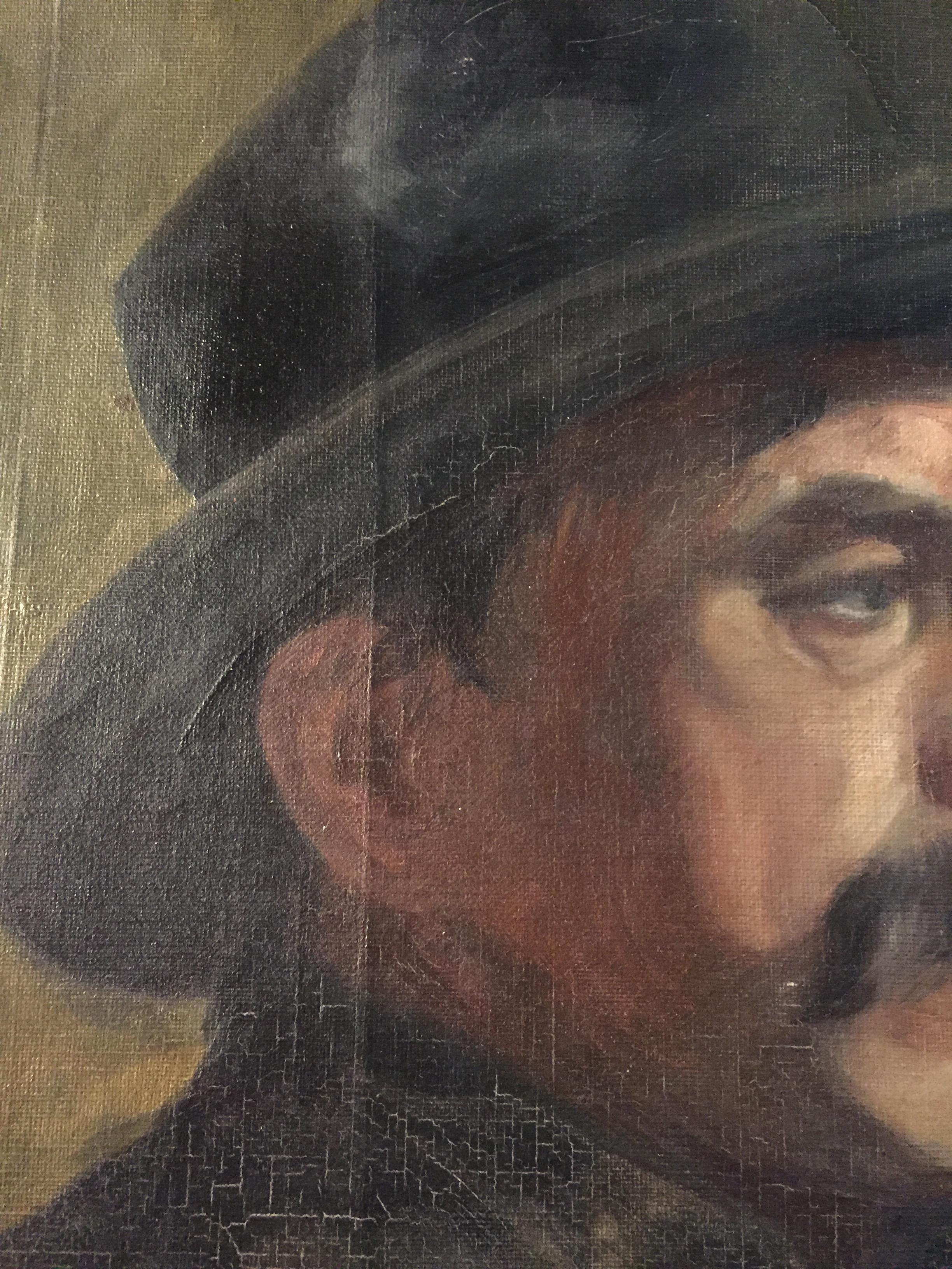 Portrait of Man with Hat circa 1900 Oil on Canvas im Zustand „Gut“ in Berlin, DE